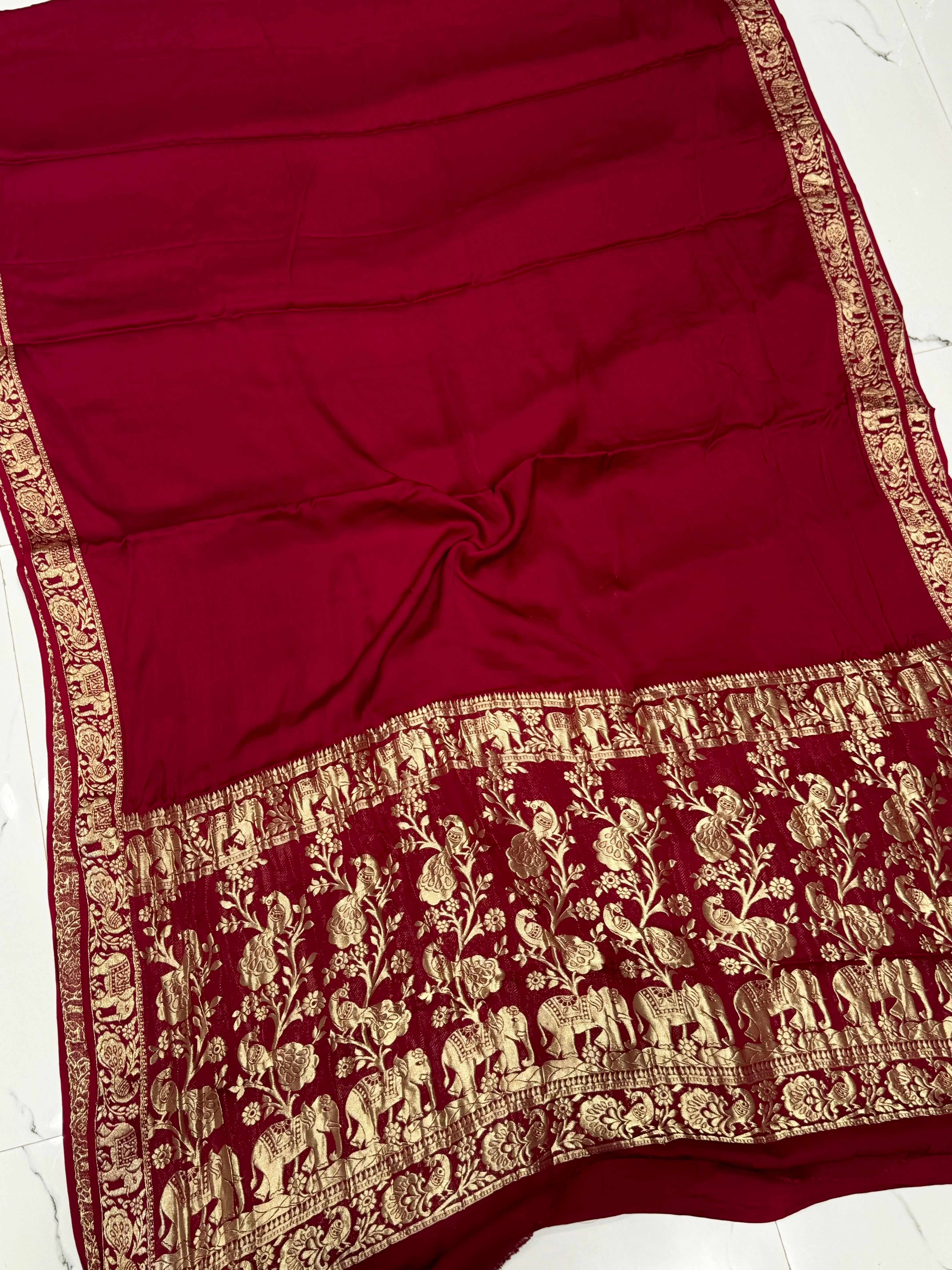 Maroon  Plain Gajji Silk Nakshi Border Pallu Saree