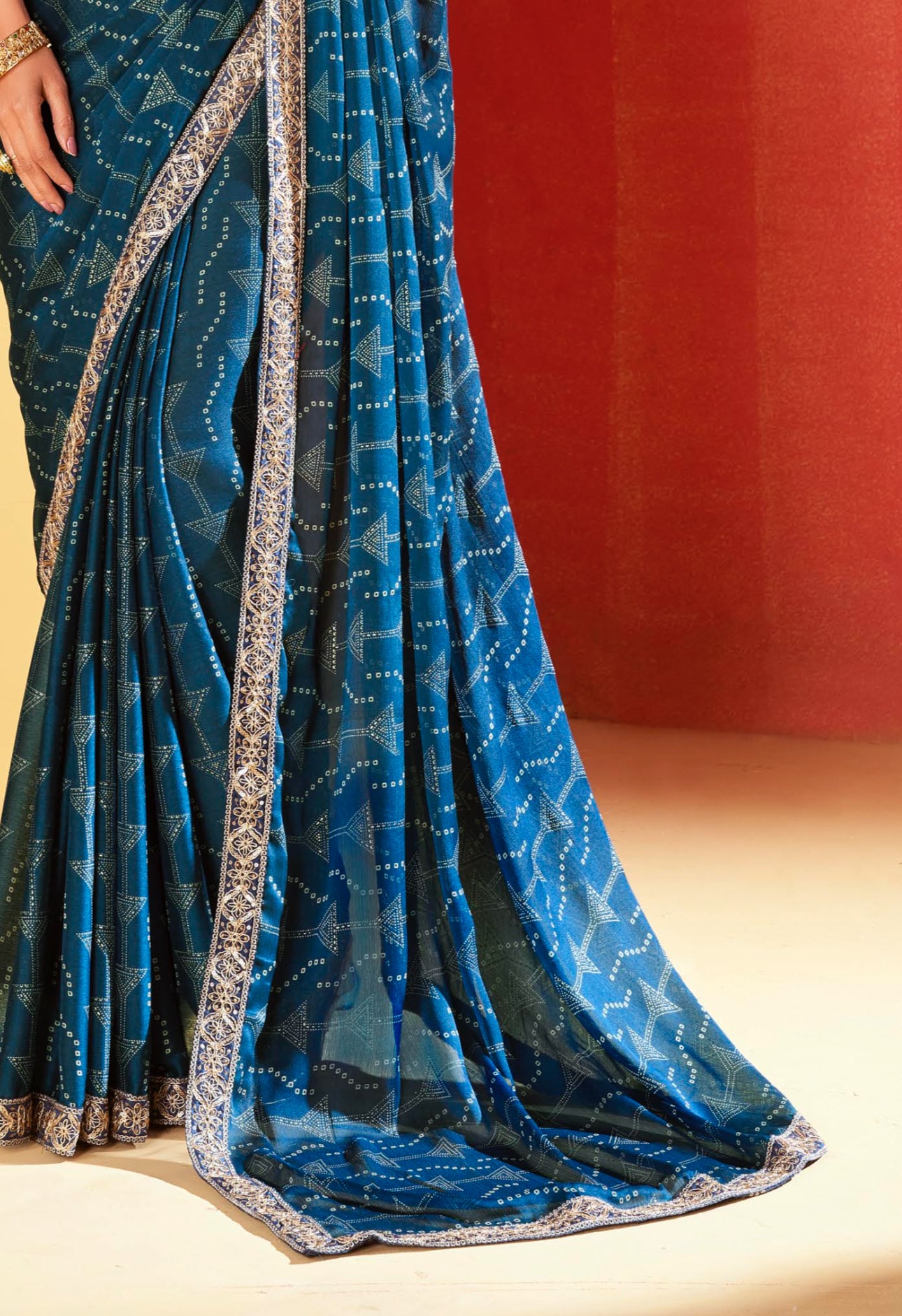Dark Blue Gray Moss Chiffon Foil Mill Print And Embroidery Work Border Saree With Fancy Work Blouse Sbs4