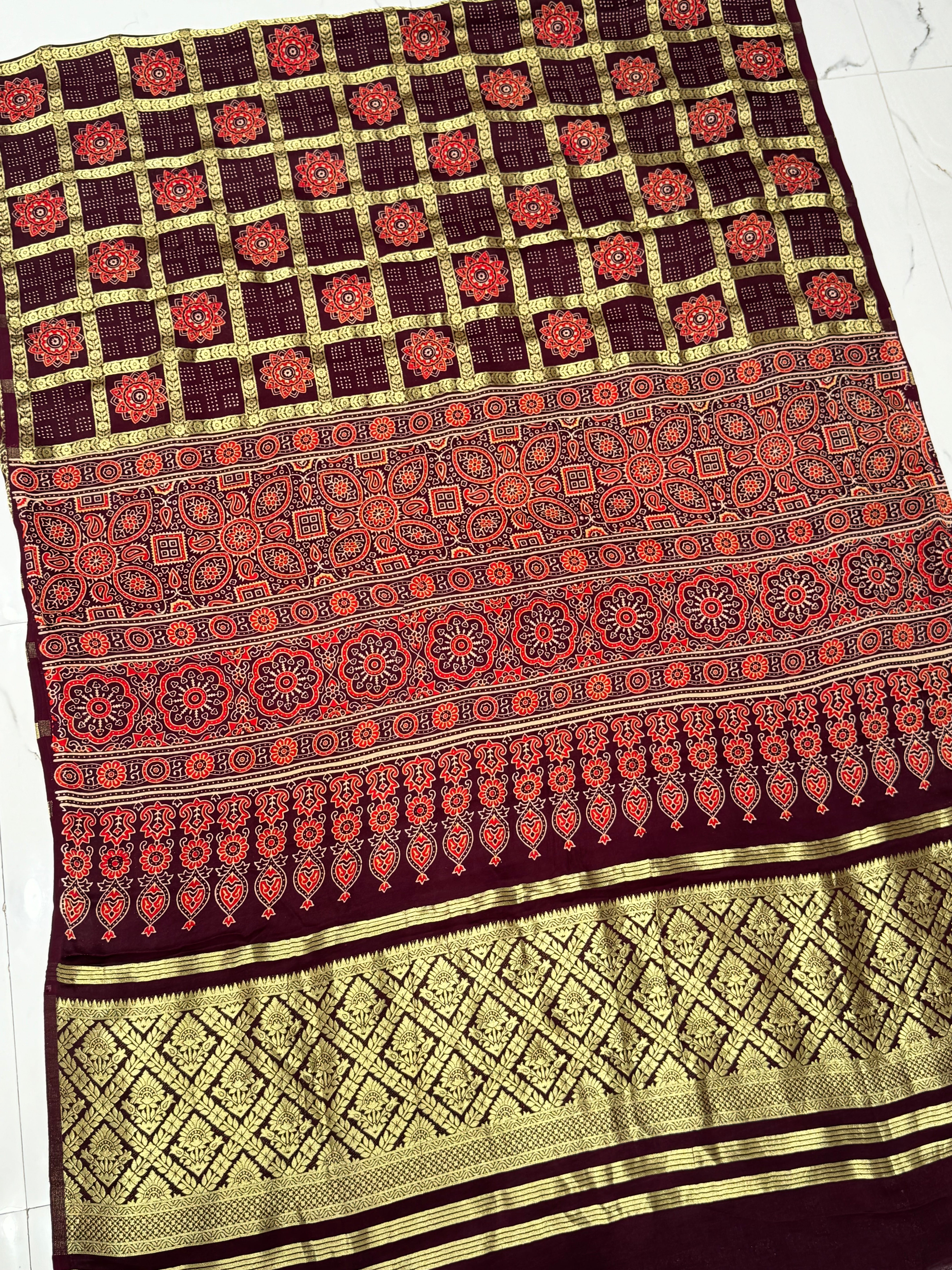 Dark Wine Gharchola Nakshi Chex Ajrakh Saree