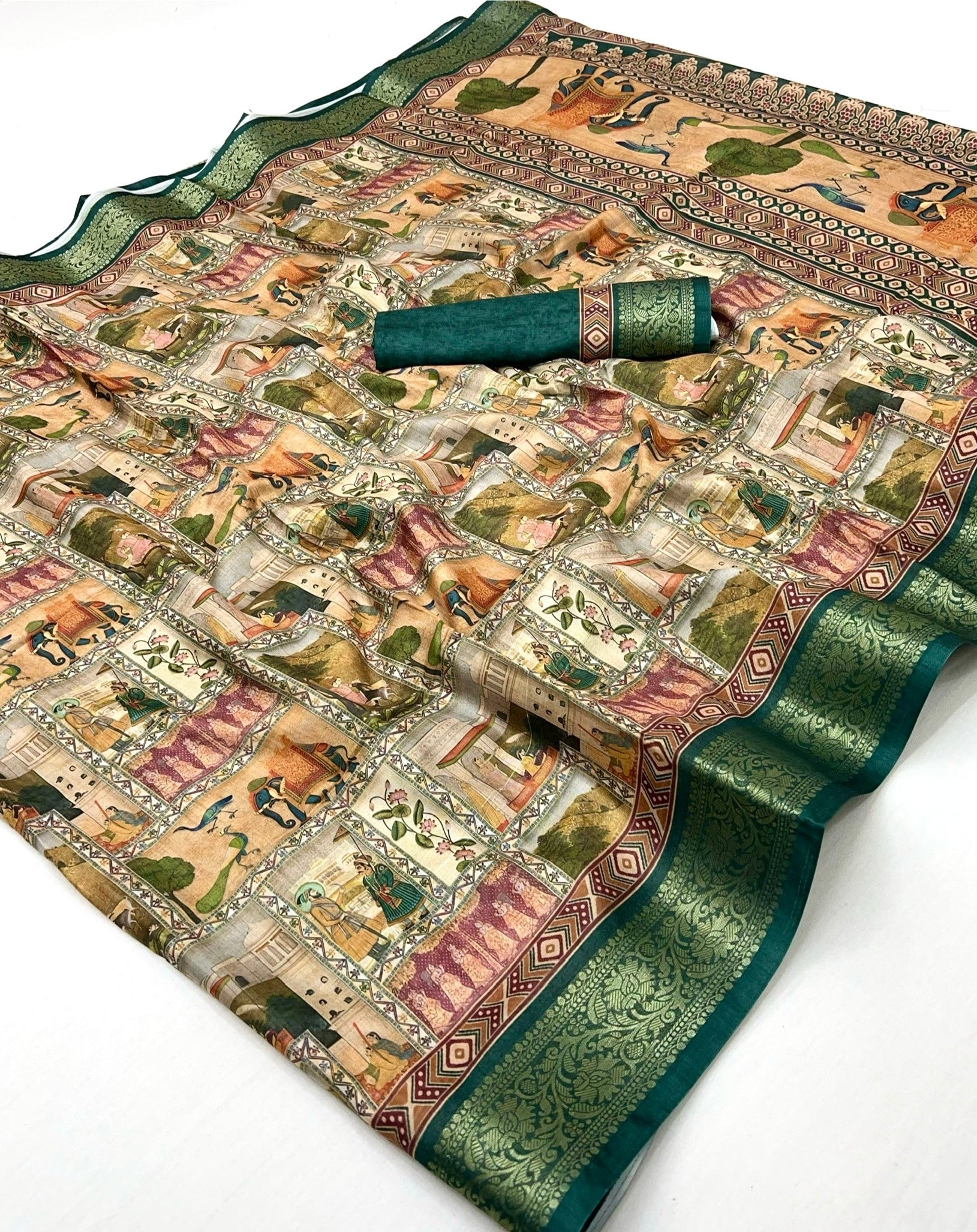 Dark Green Soft Dola Silk Saree With Blouse