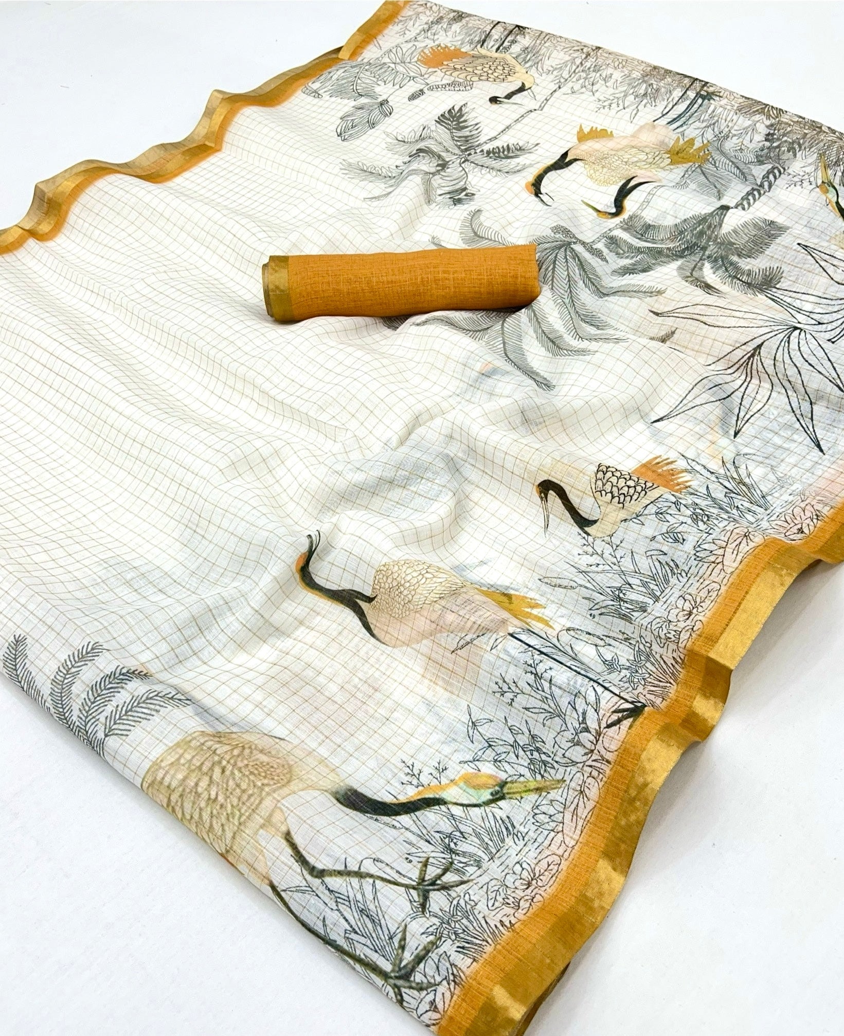 White With Yellow Digital Printed Linen Saree