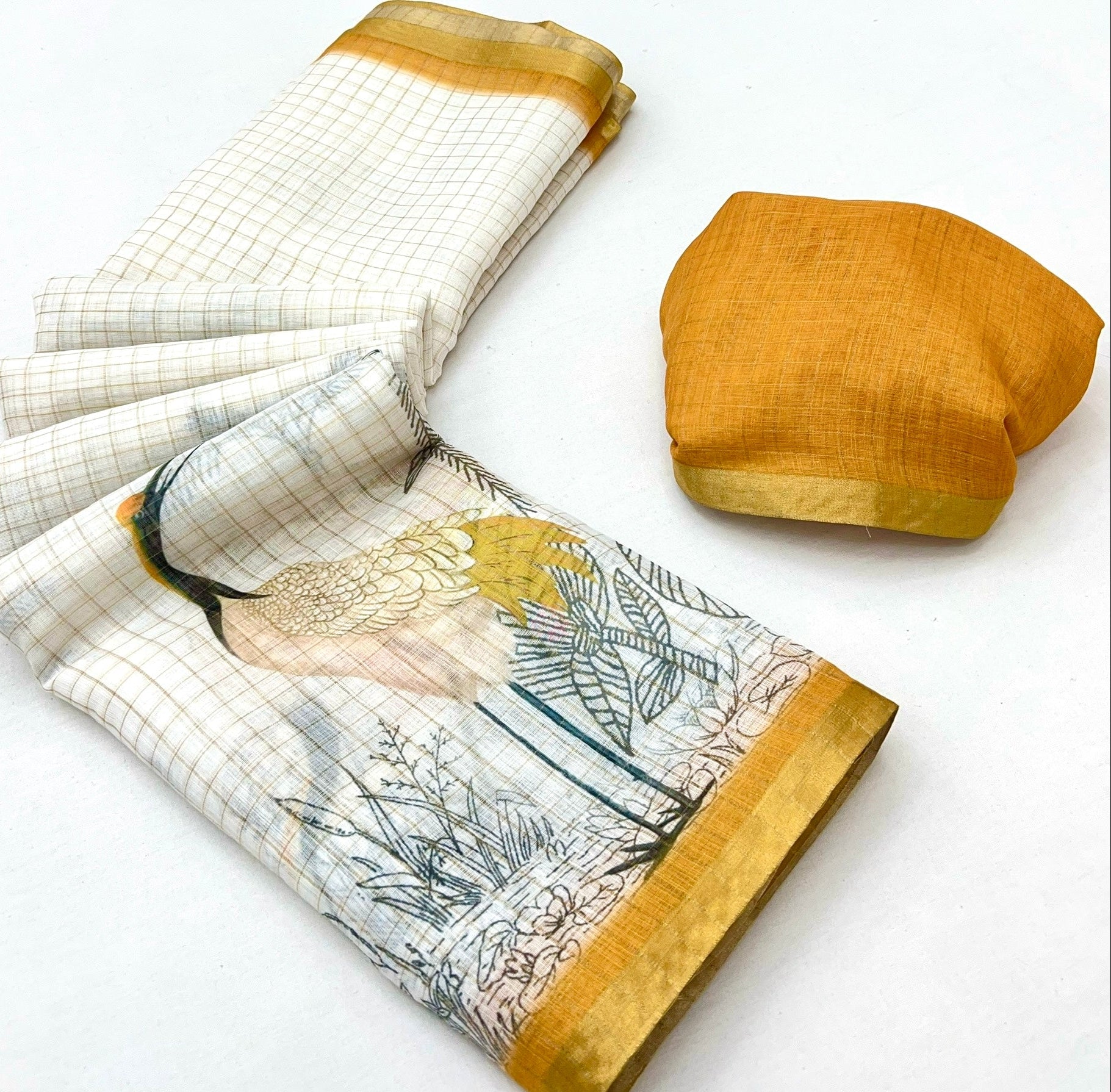 White With Yellow Digital Printed Linen Saree