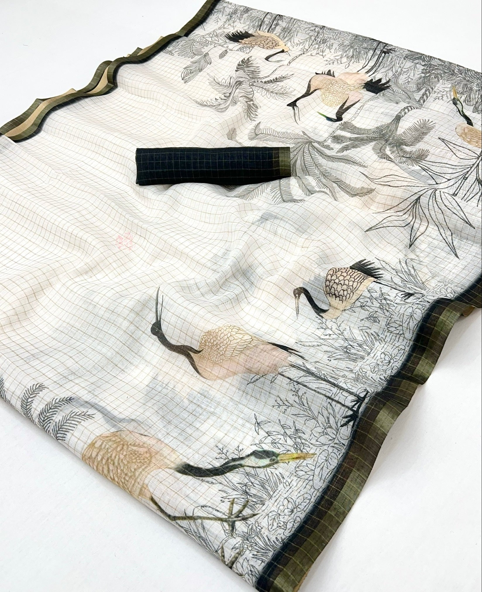 White With Black Digital Printed Linen Saree