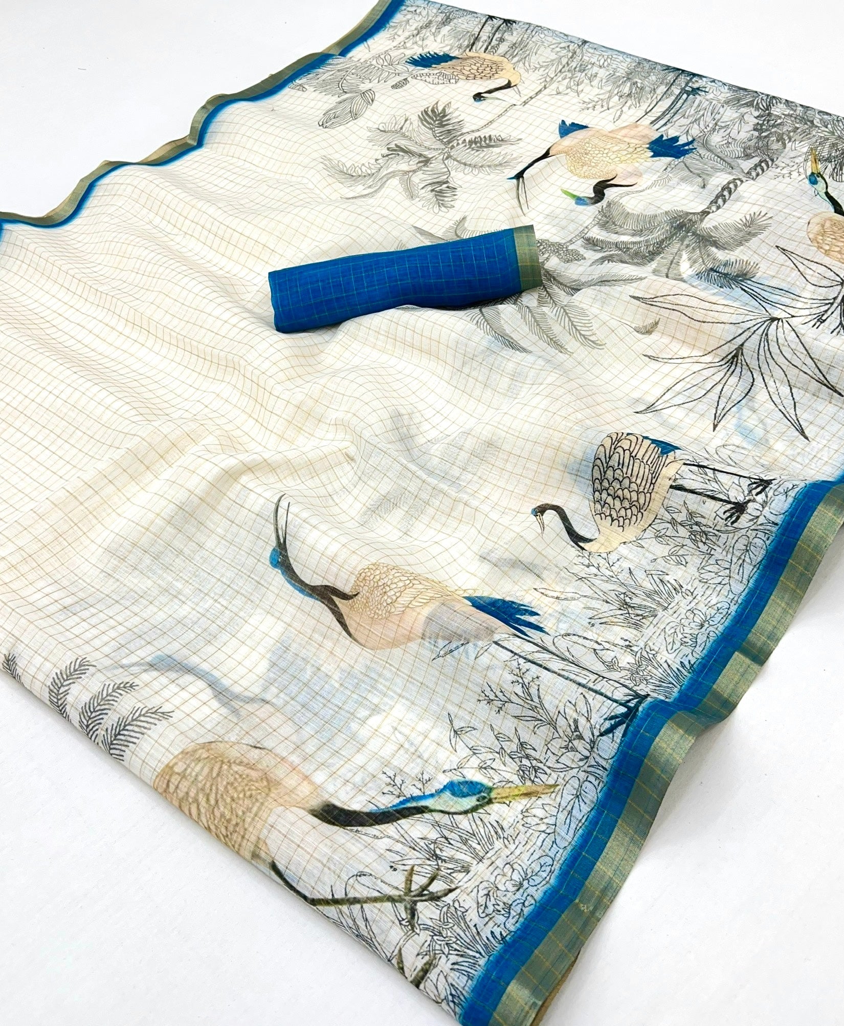 White With Blue Digital Printed Linen Saree