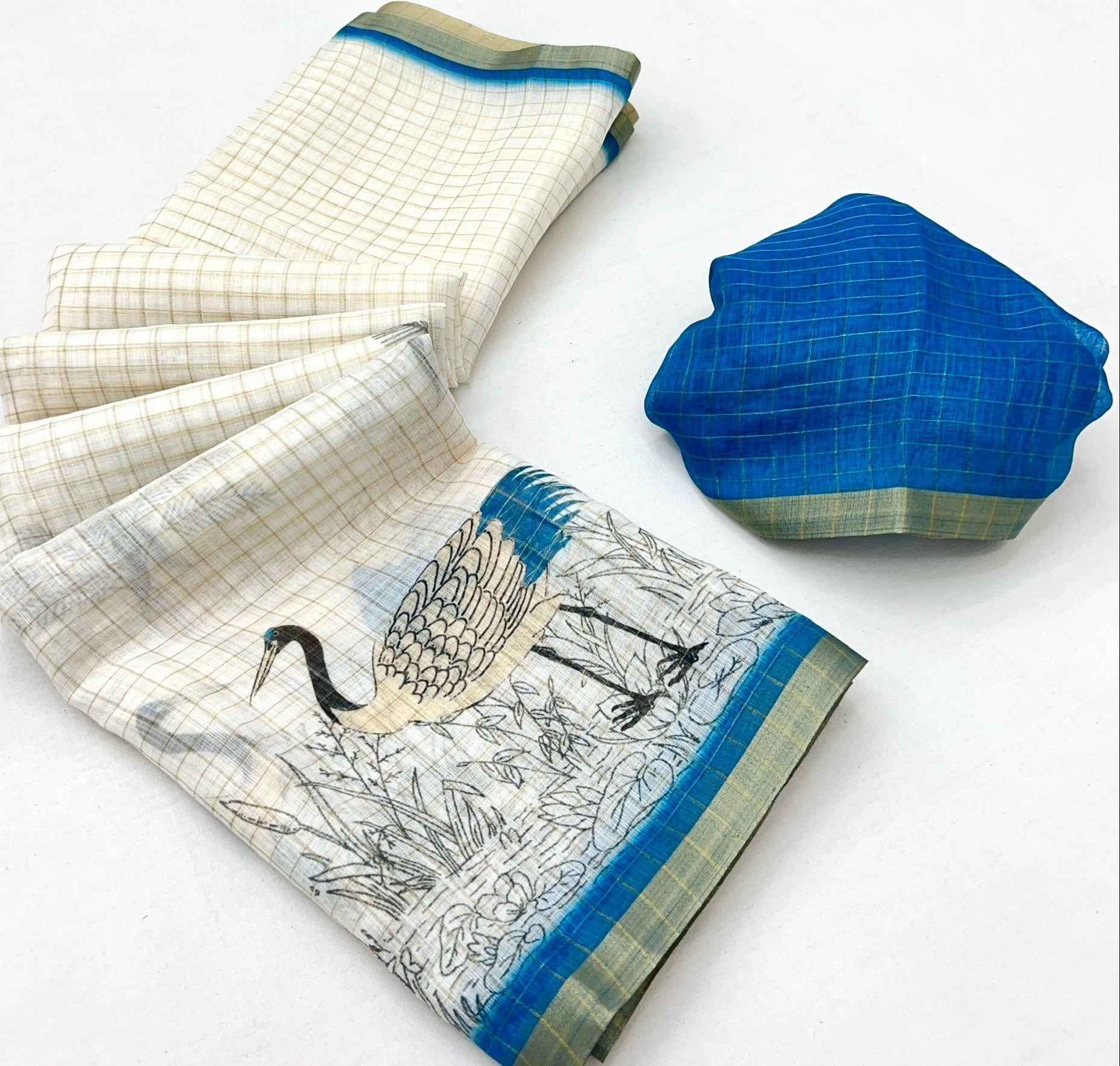 White With Blue Digital Printed Linen Saree