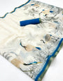 White With Blue Digital Printed Linen Saree