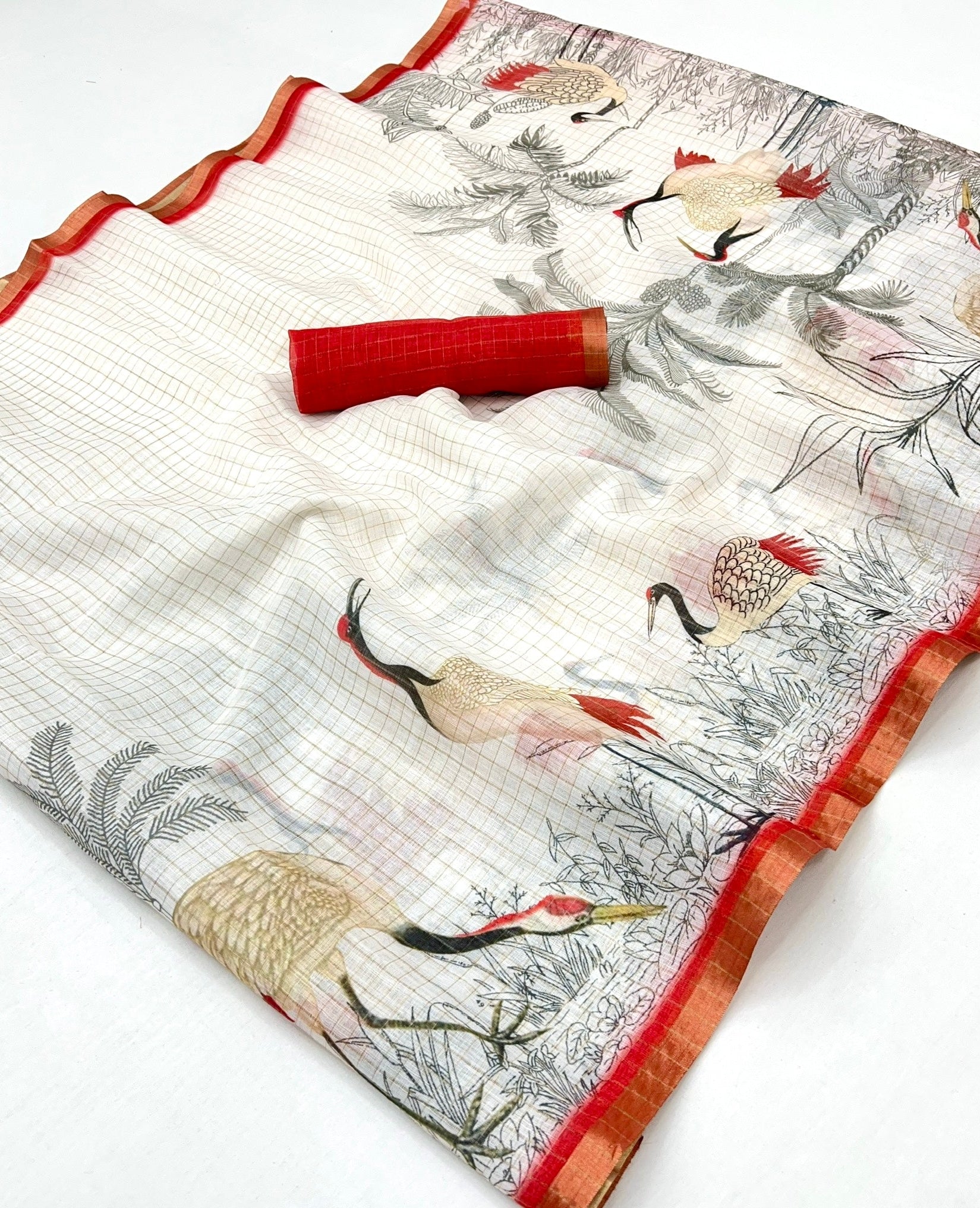 White With Red Digital Printed Linen Saree