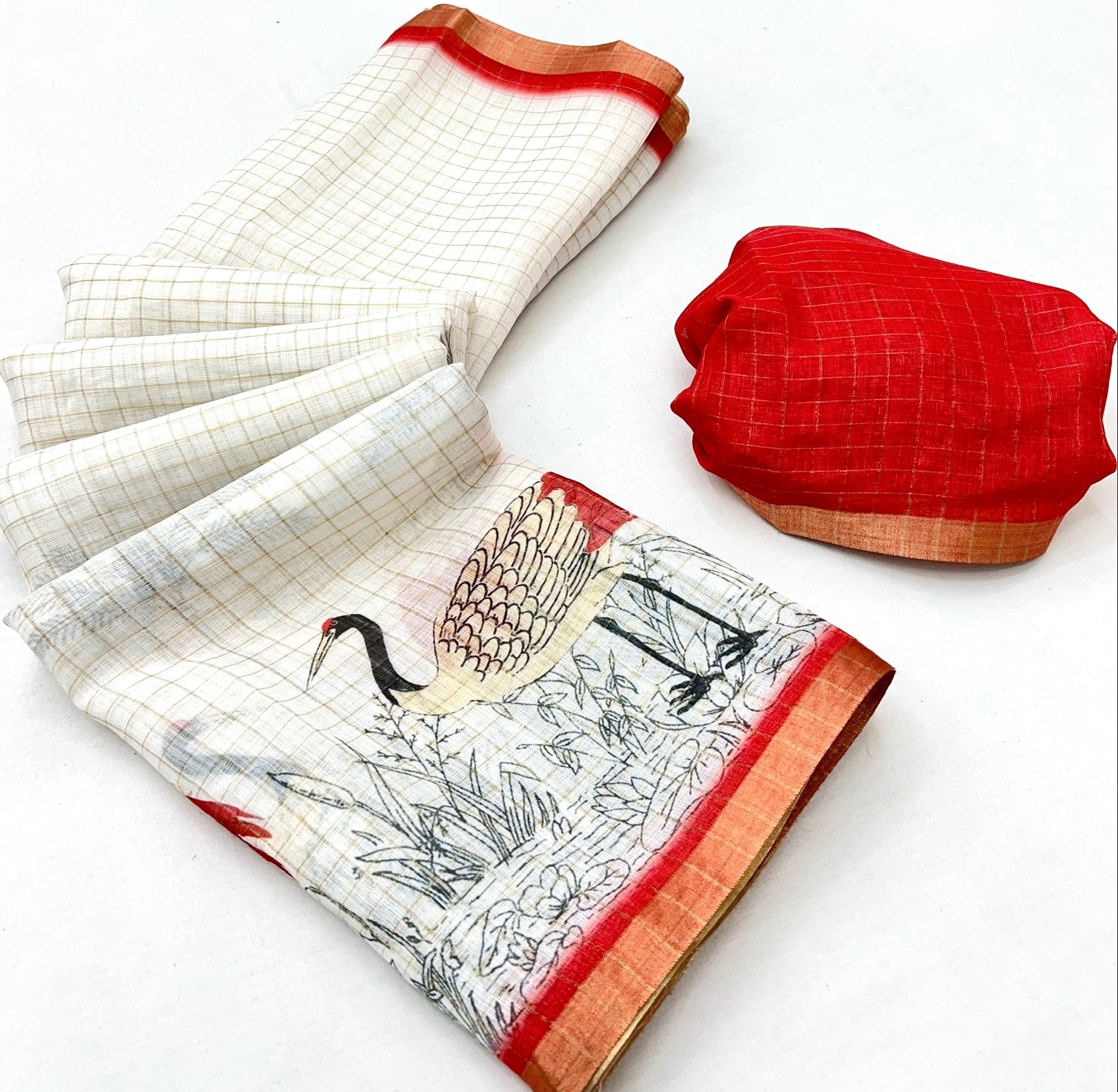 White With Red Digital Printed Linen Saree