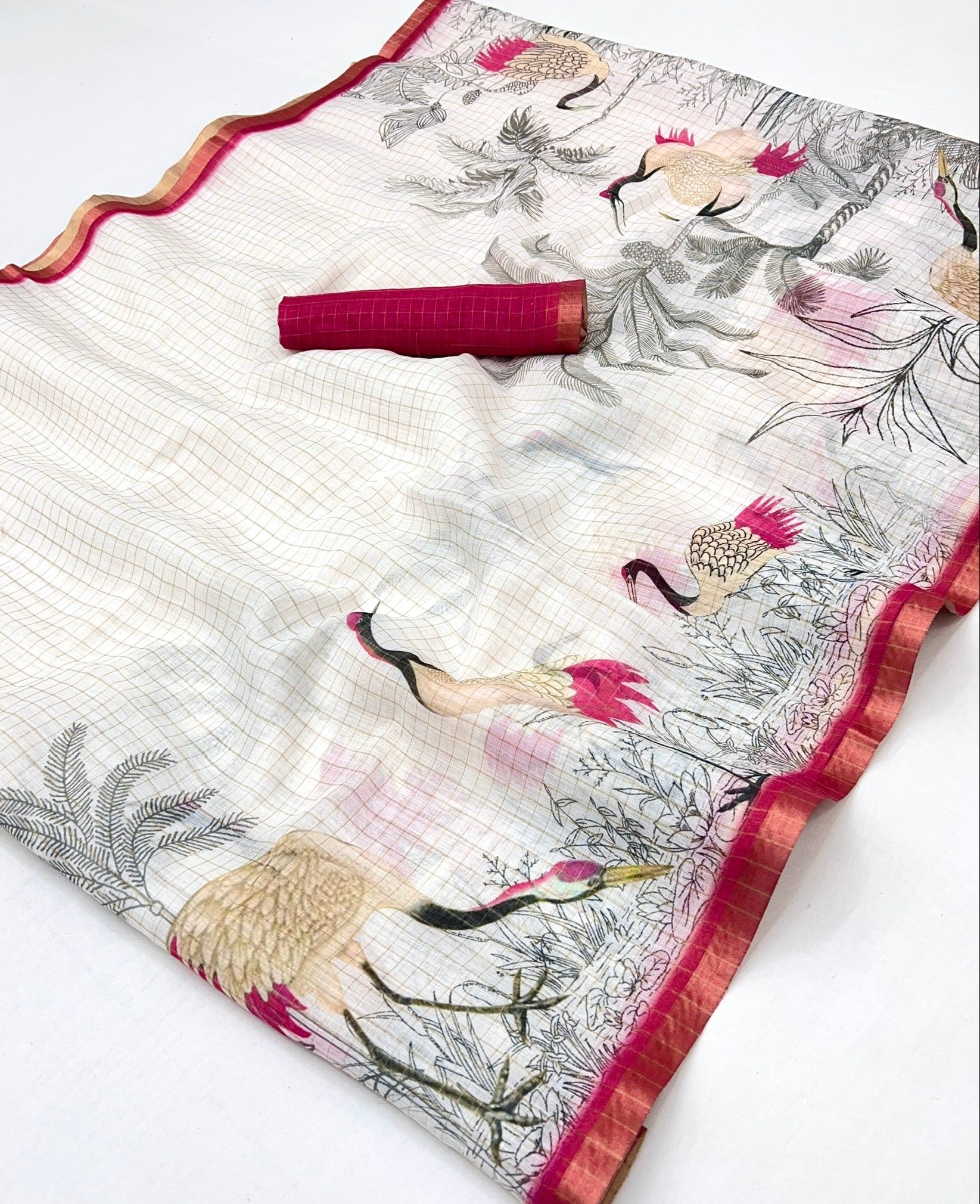White With Pink Digital Printed Linen Saree