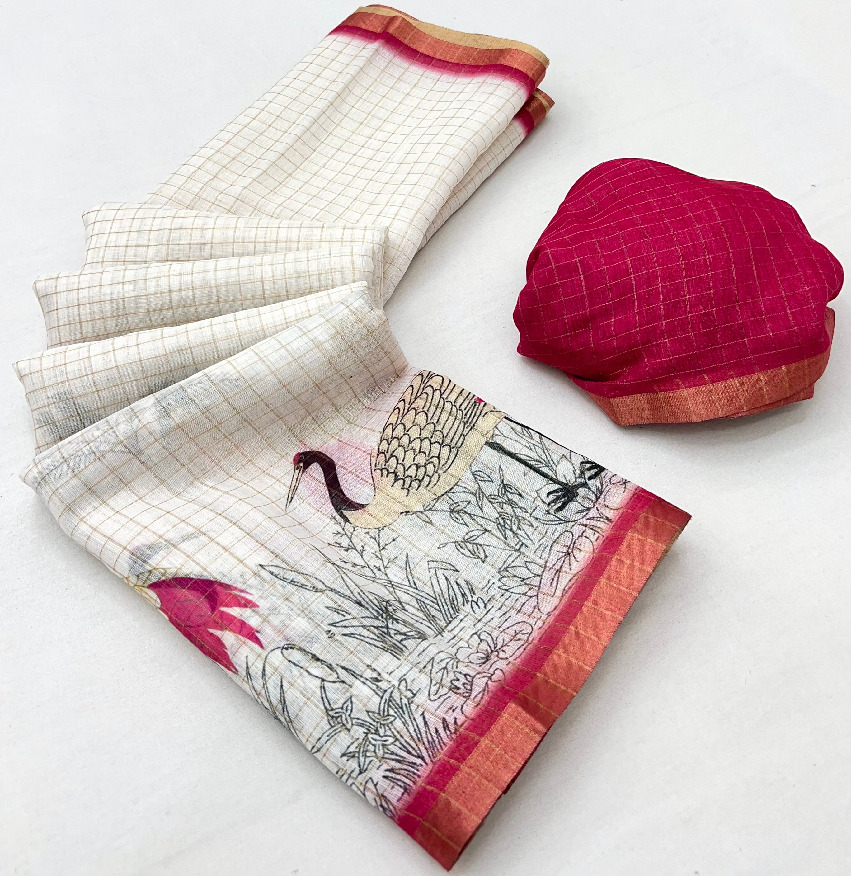 White With Pink Digital Printed Linen Saree