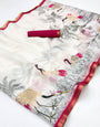 White With Pink Digital Printed Linen Saree