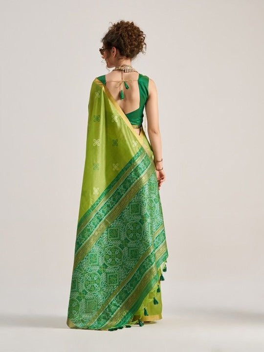 Parrot Green Patola Handloom Saree With Fancy Blouse