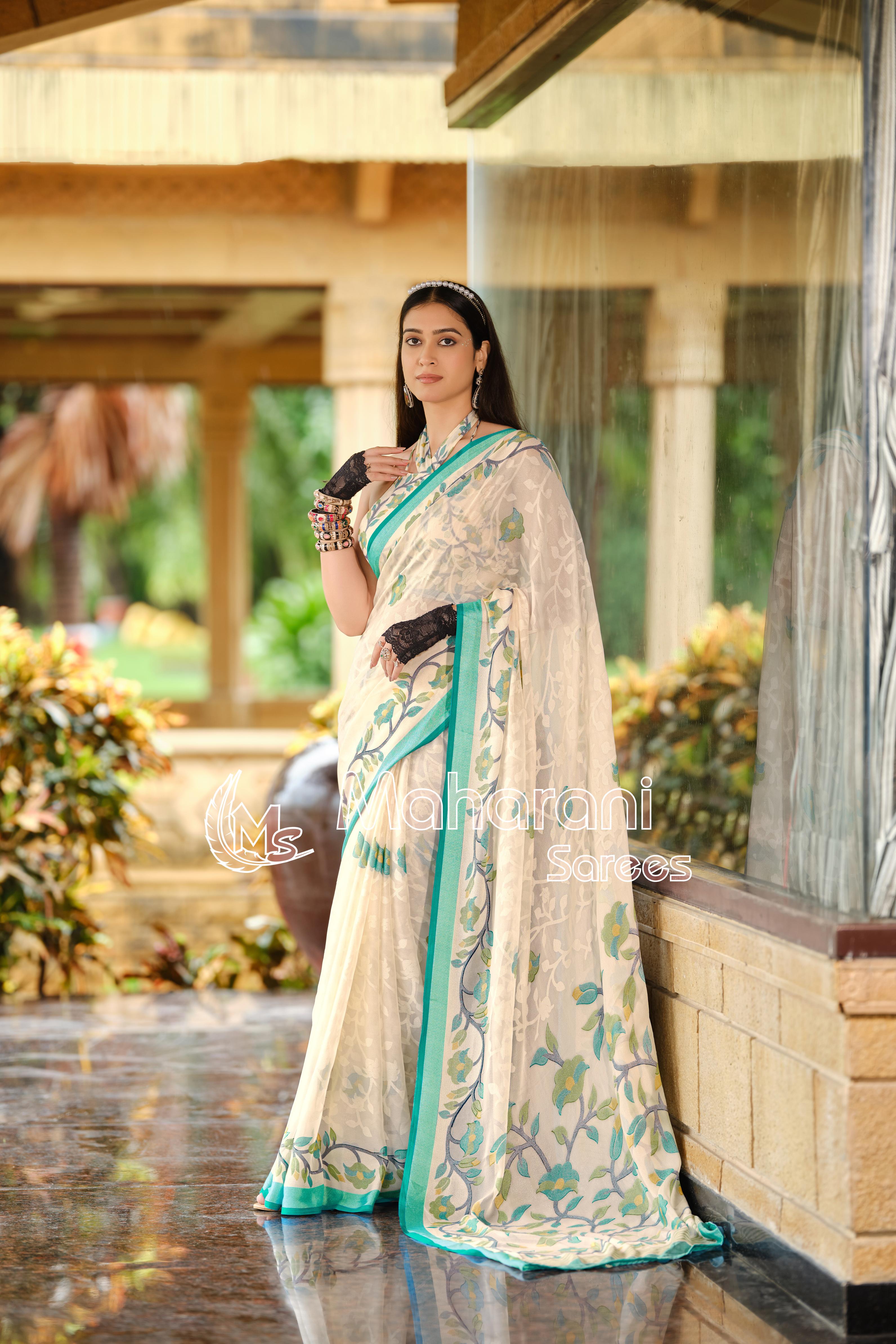Rama And Creamy Jamdani Soft Silk Saree