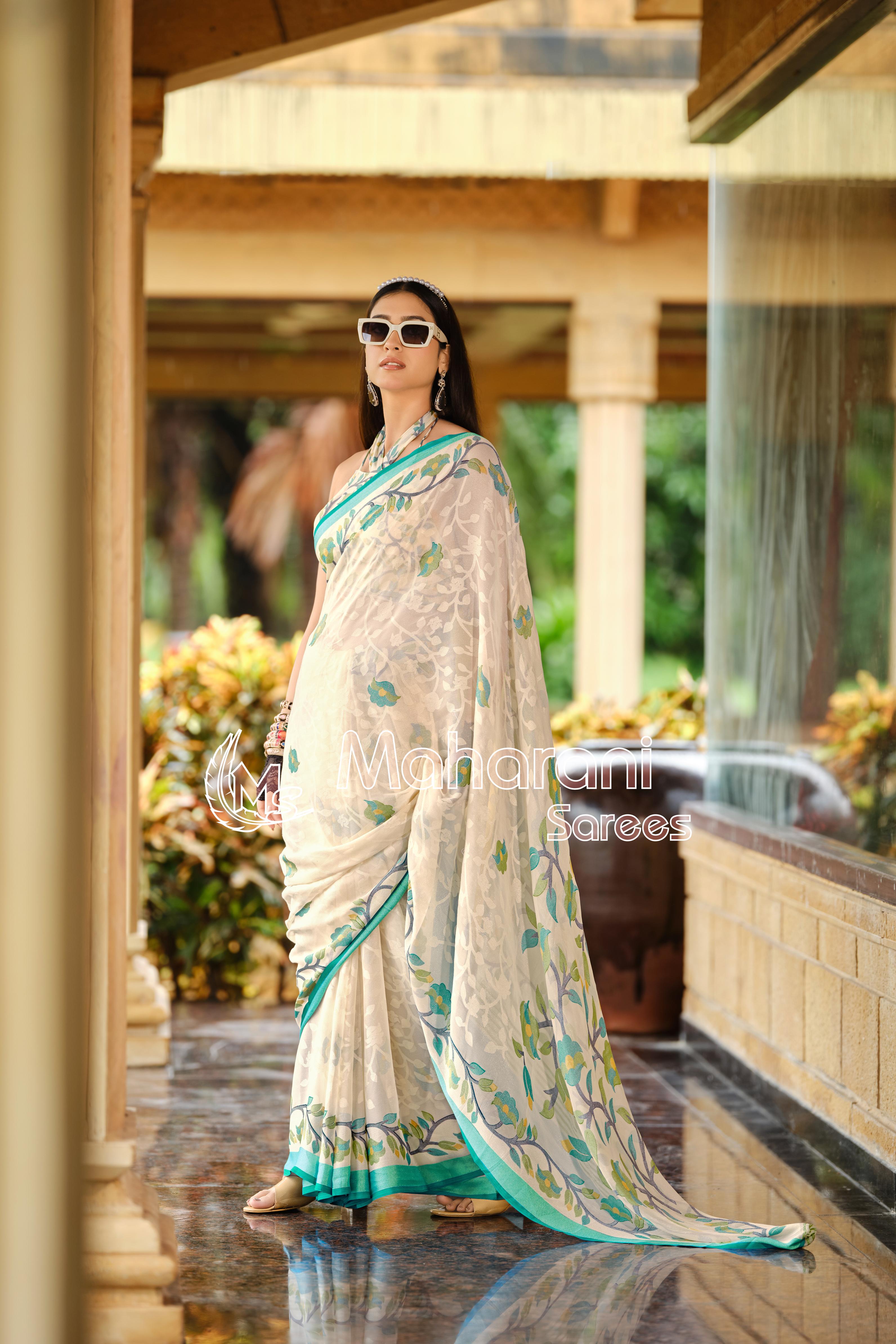 Rama And Creamy Jamdani Soft Silk Saree