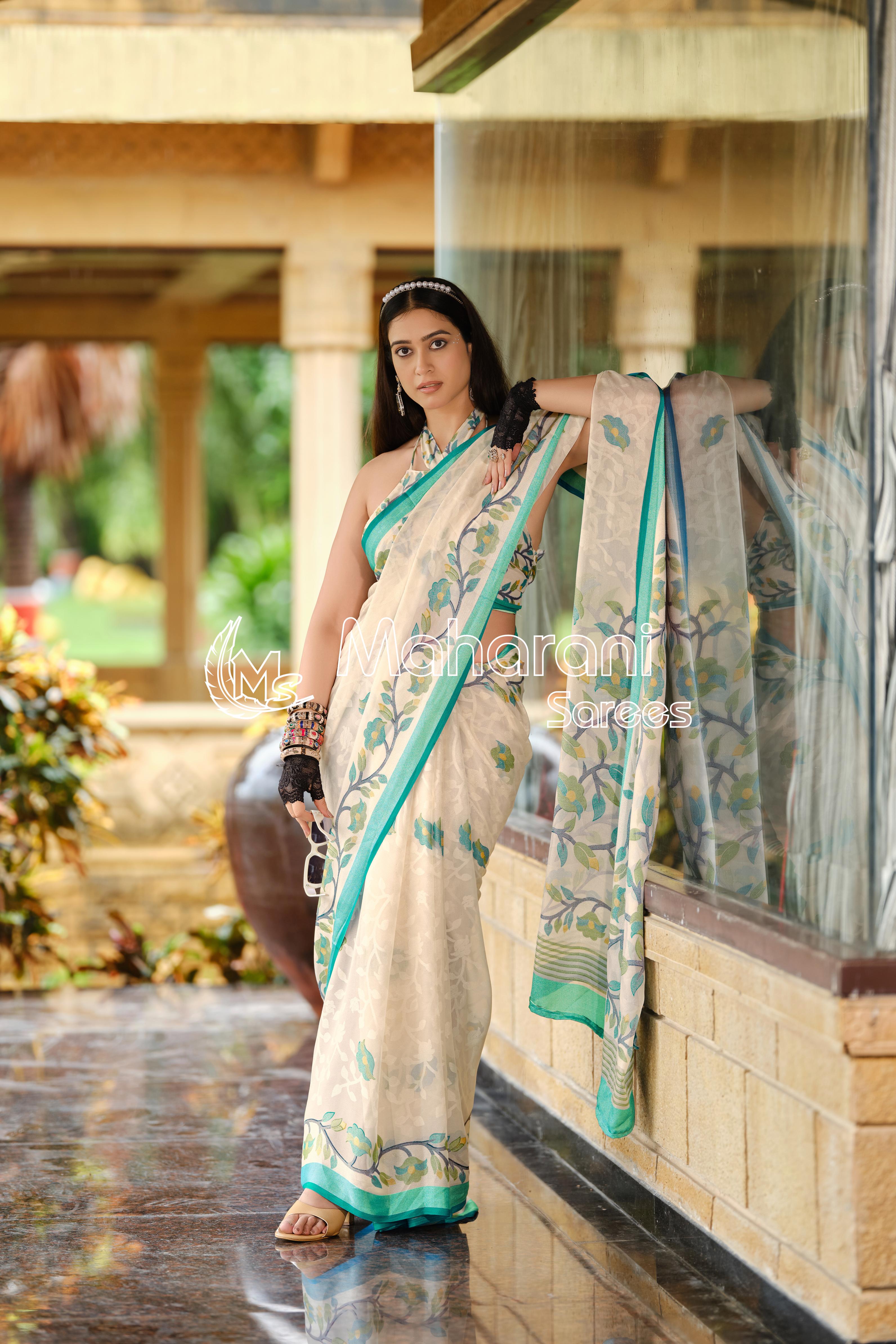 Rama And Creamy Jamdani Soft Silk Saree