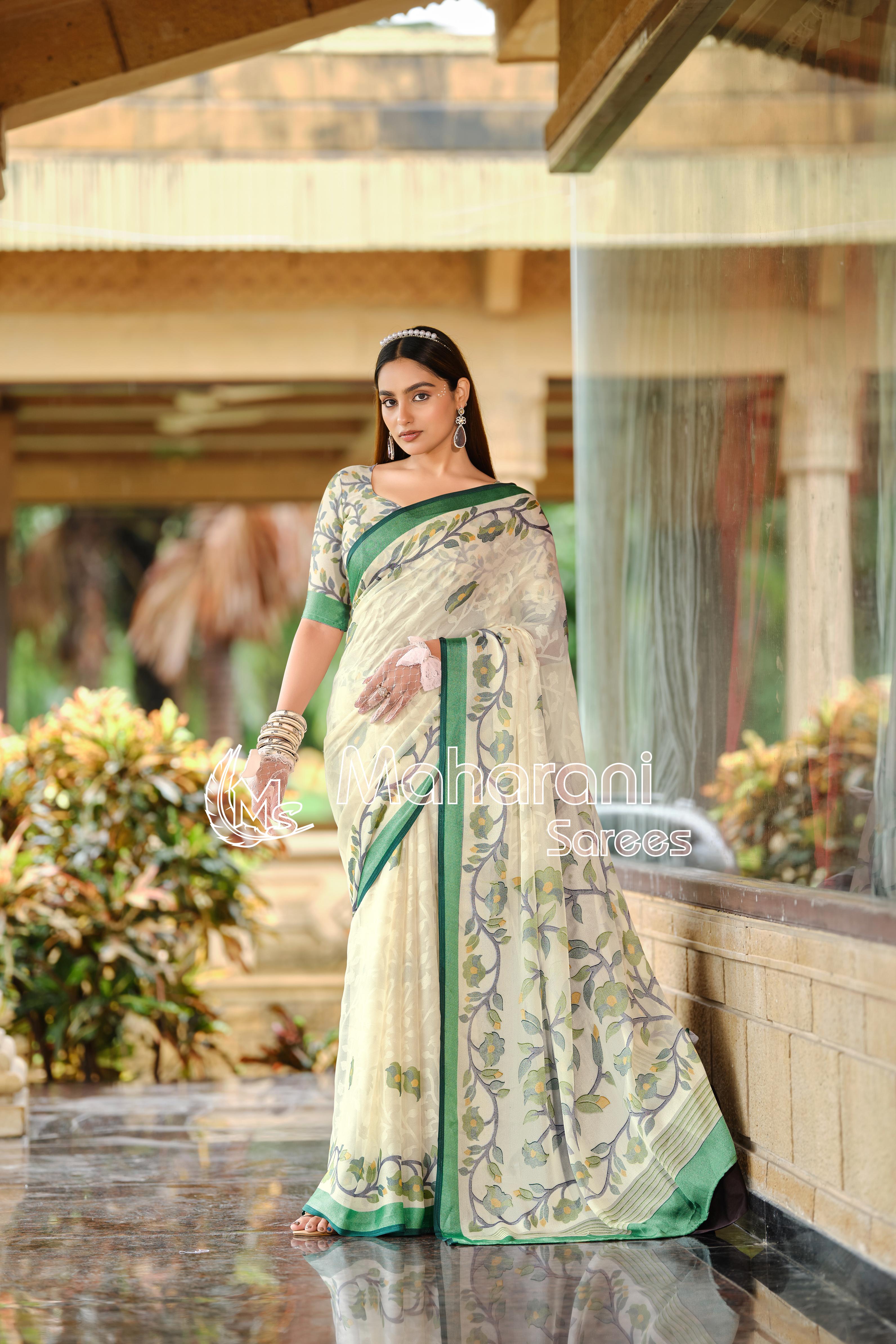 Dark Green And Creamy Jamdani Soft Silk Saree
