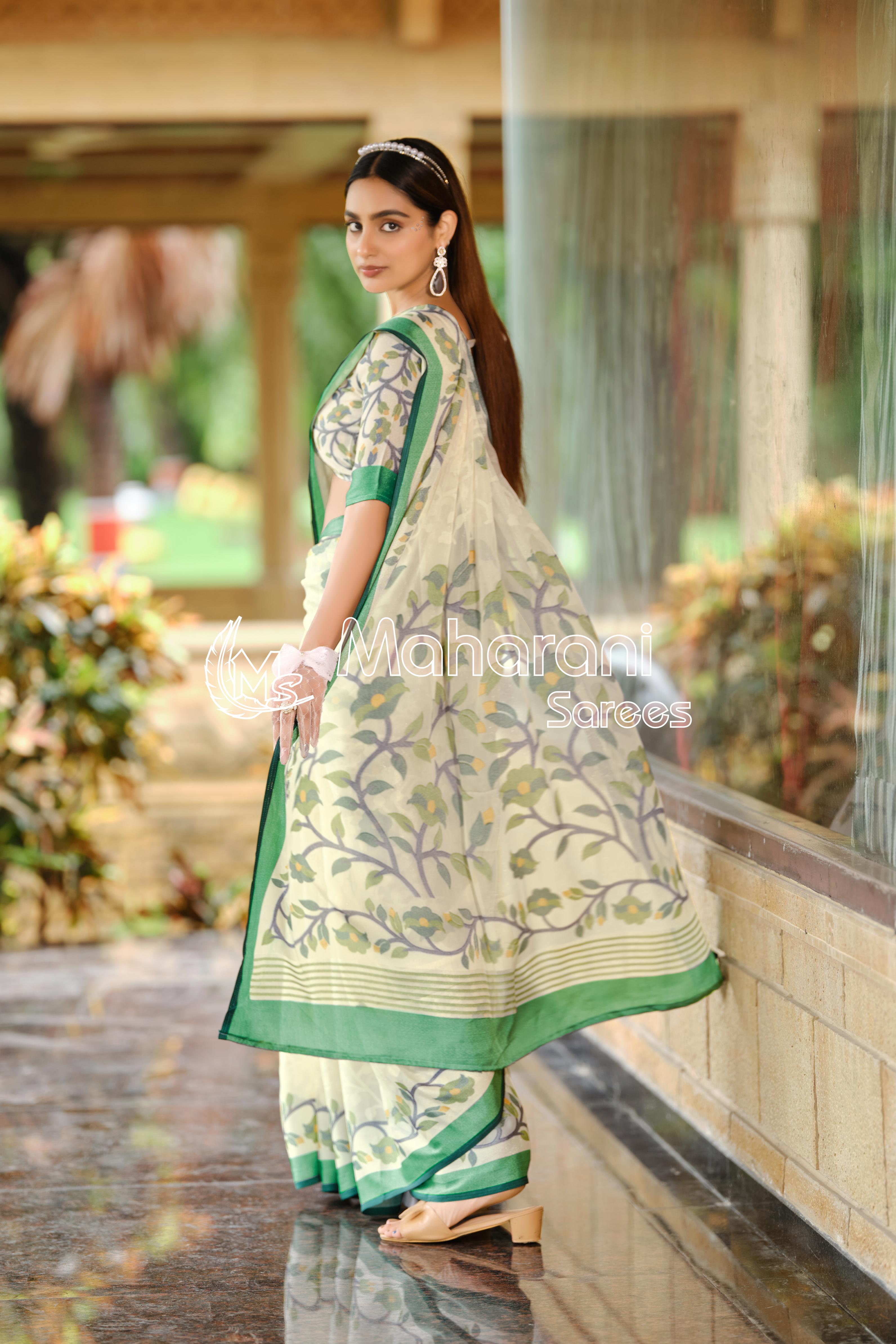 Dark Green And Creamy Jamdani Soft Silk Saree