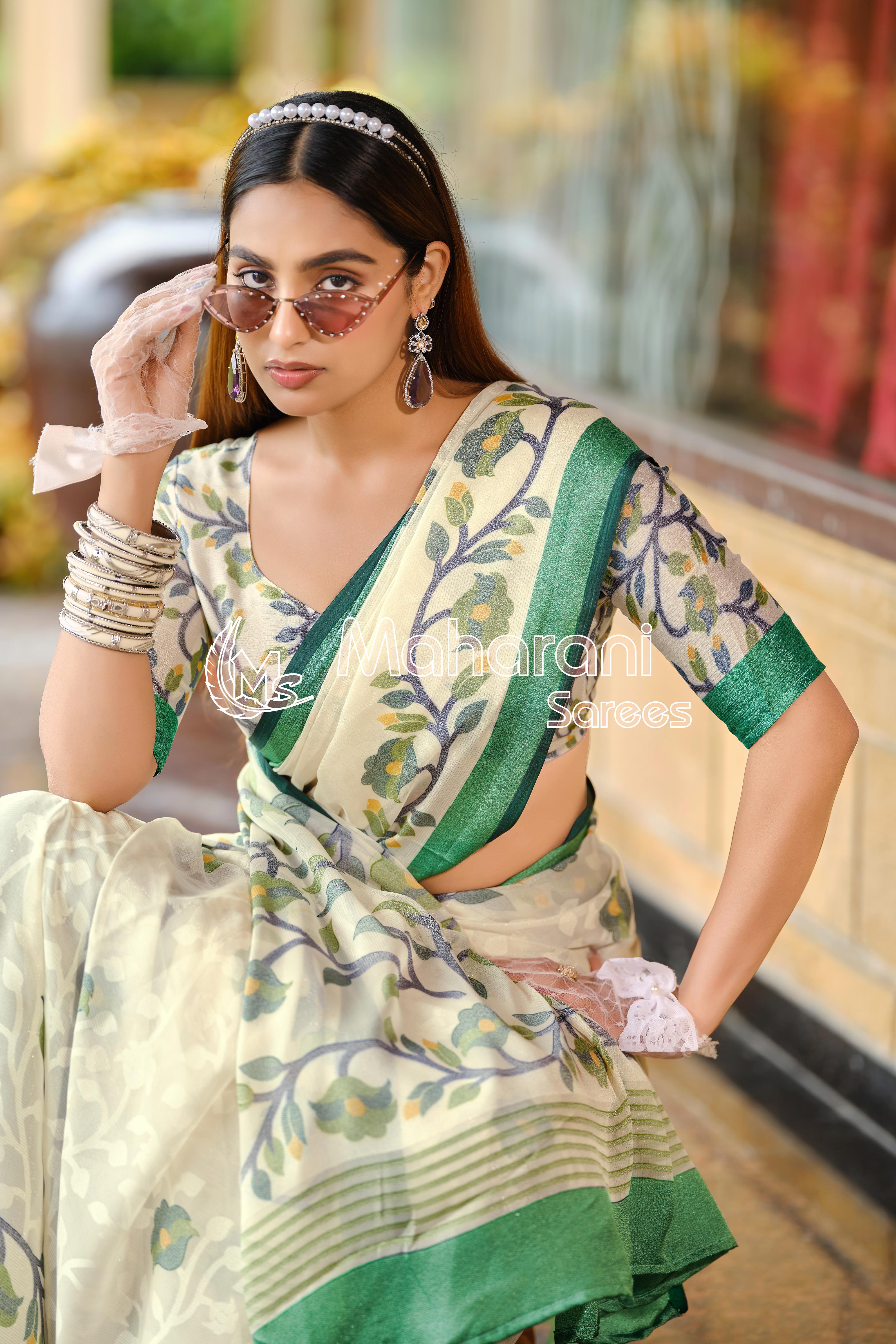Dark Green And Creamy Jamdani Soft Silk Saree