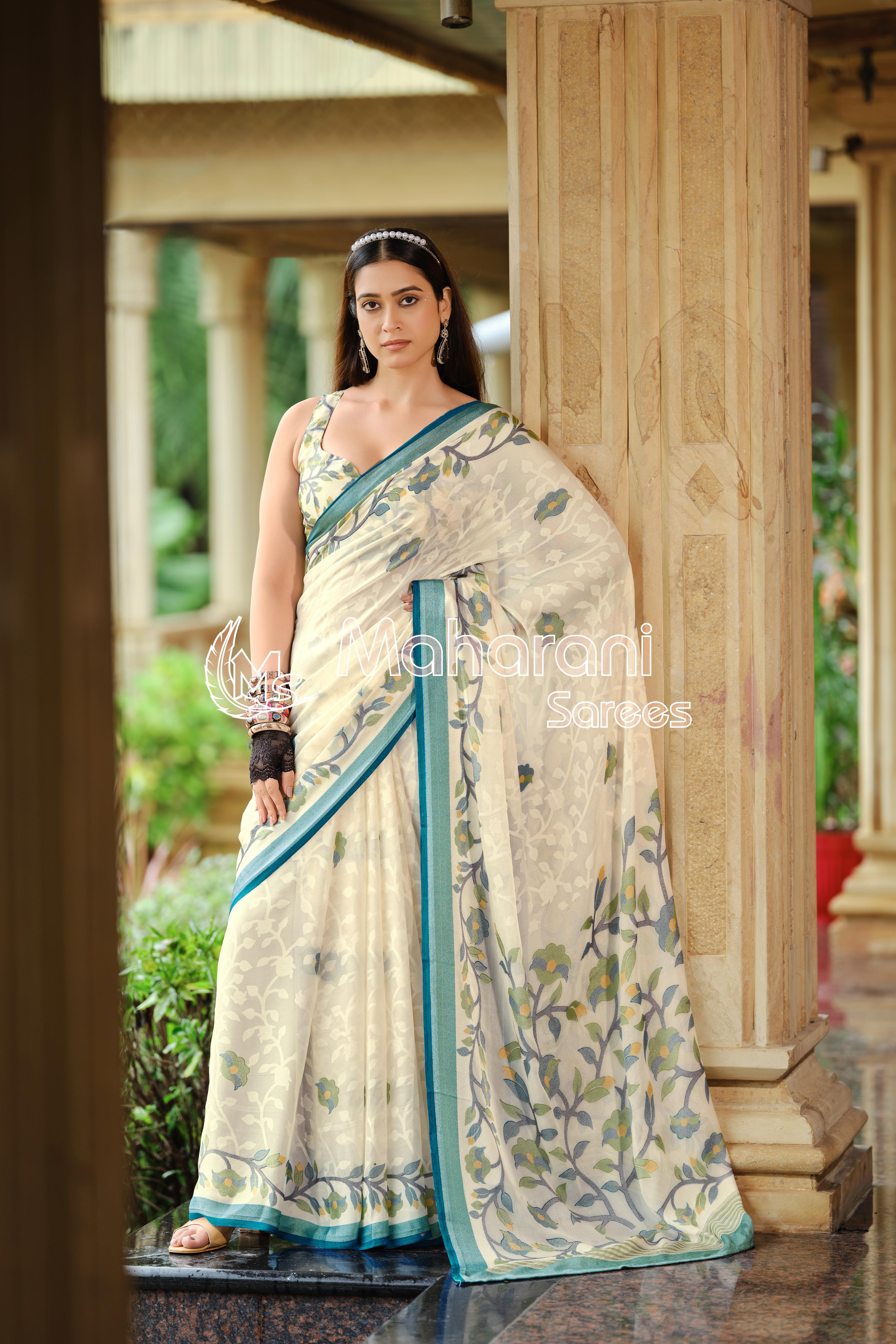 Indigo And Creamy Jamdani Soft Silk Saree