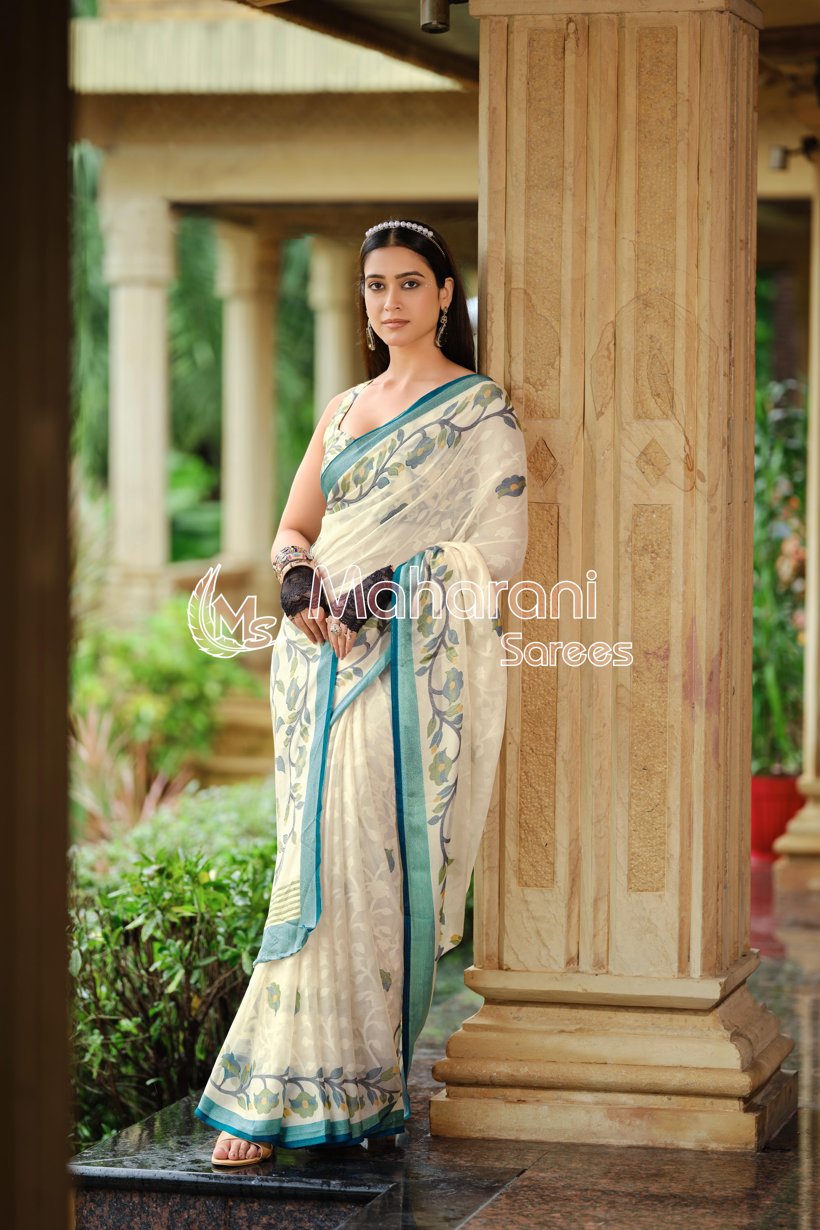 Indigo And Creamy Jamdani Soft Silk Saree