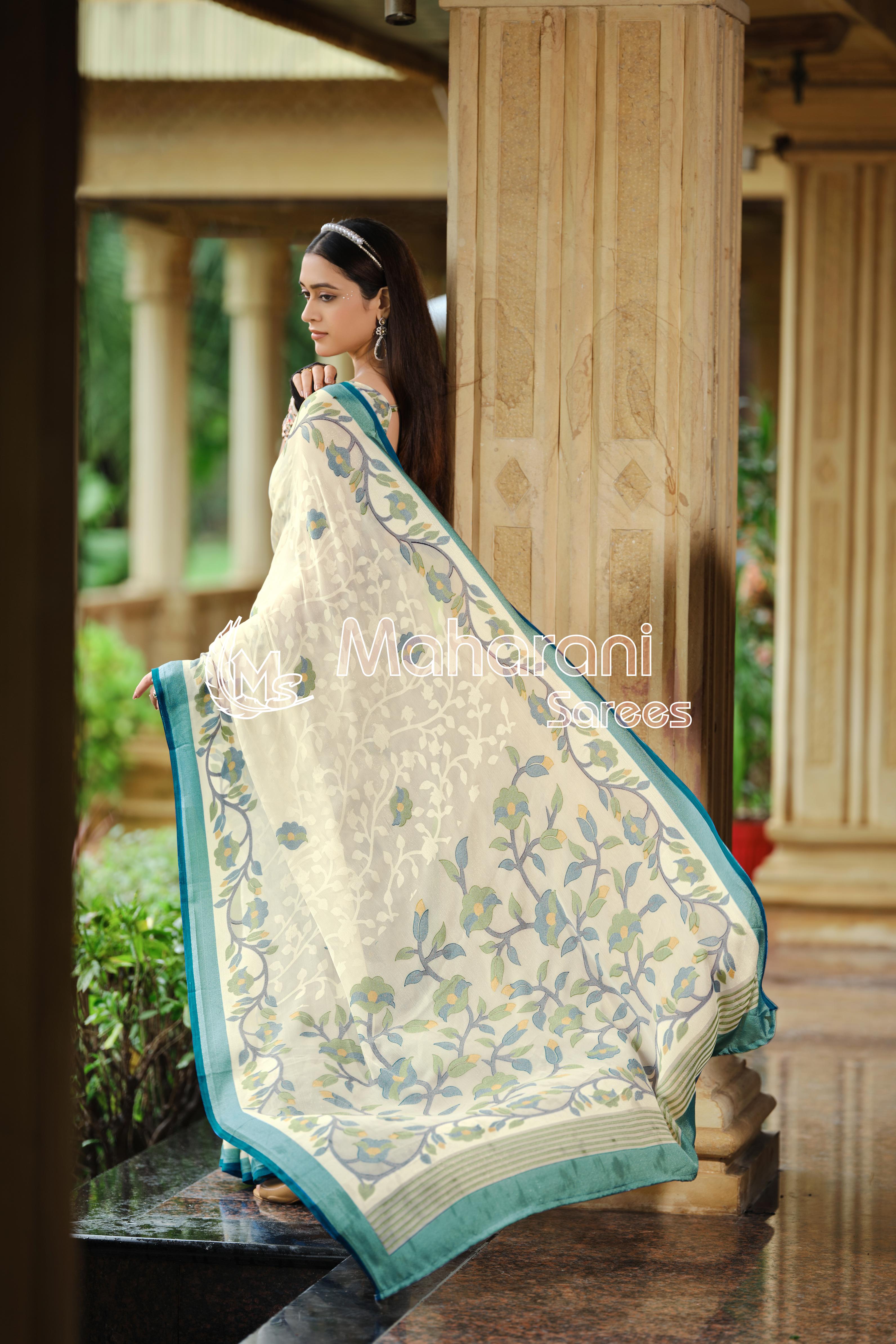 Indigo And Creamy Jamdani Soft Silk Saree