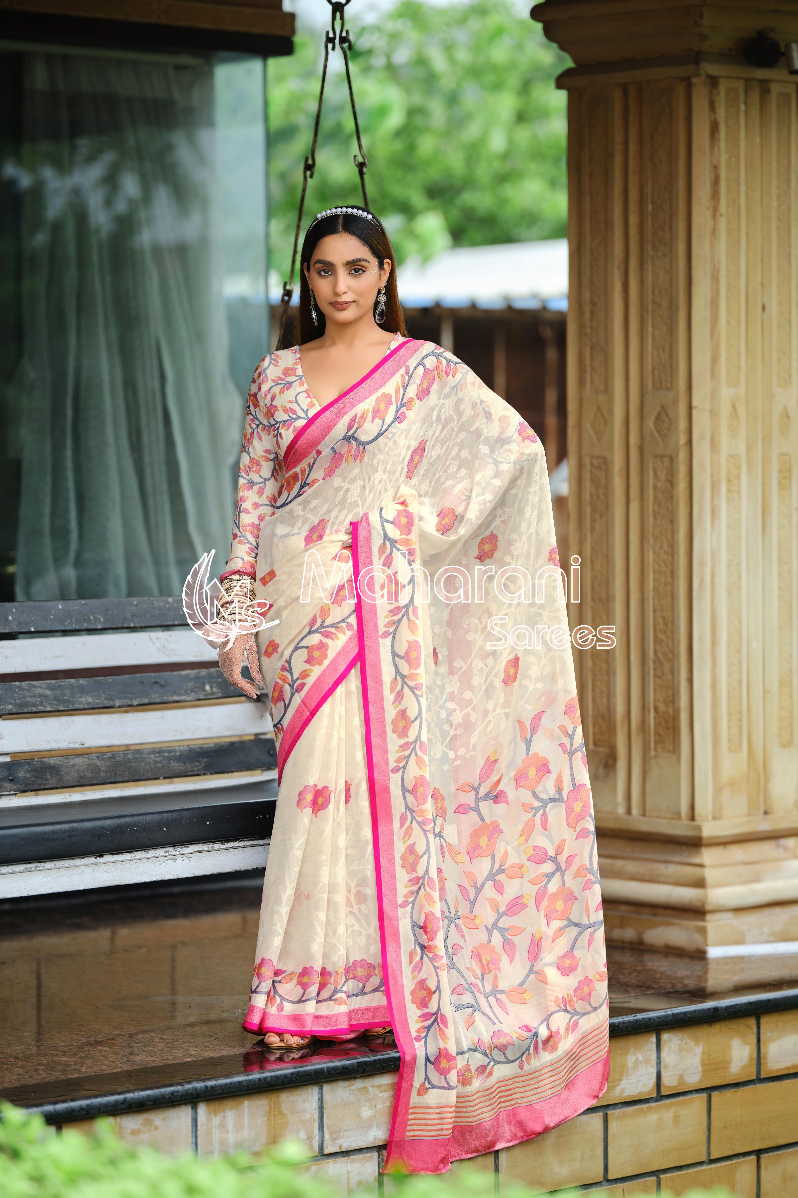 Pink And Creamy Jamdani Soft Silk Saree