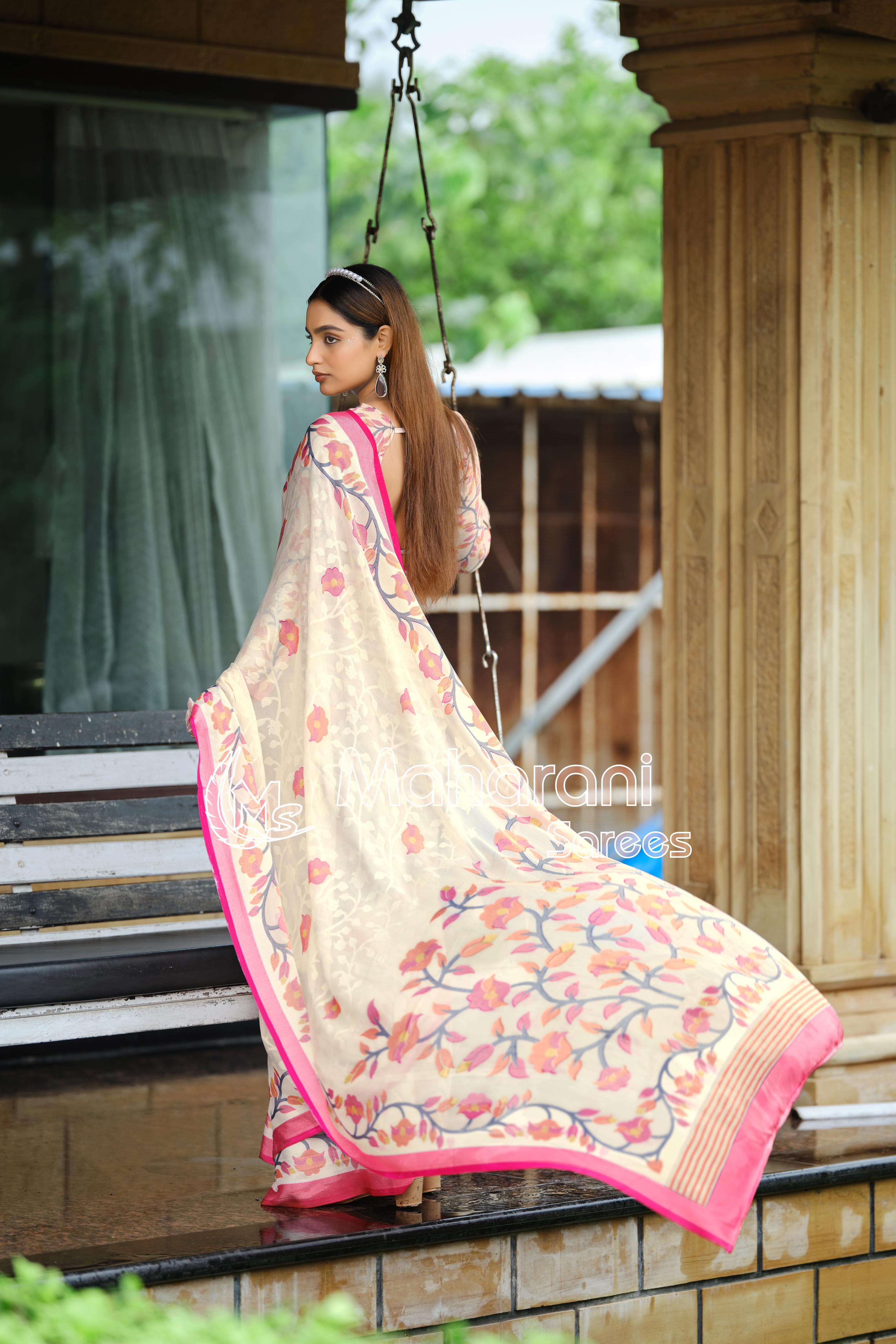 Pink And Creamy Jamdani Soft Silk Saree