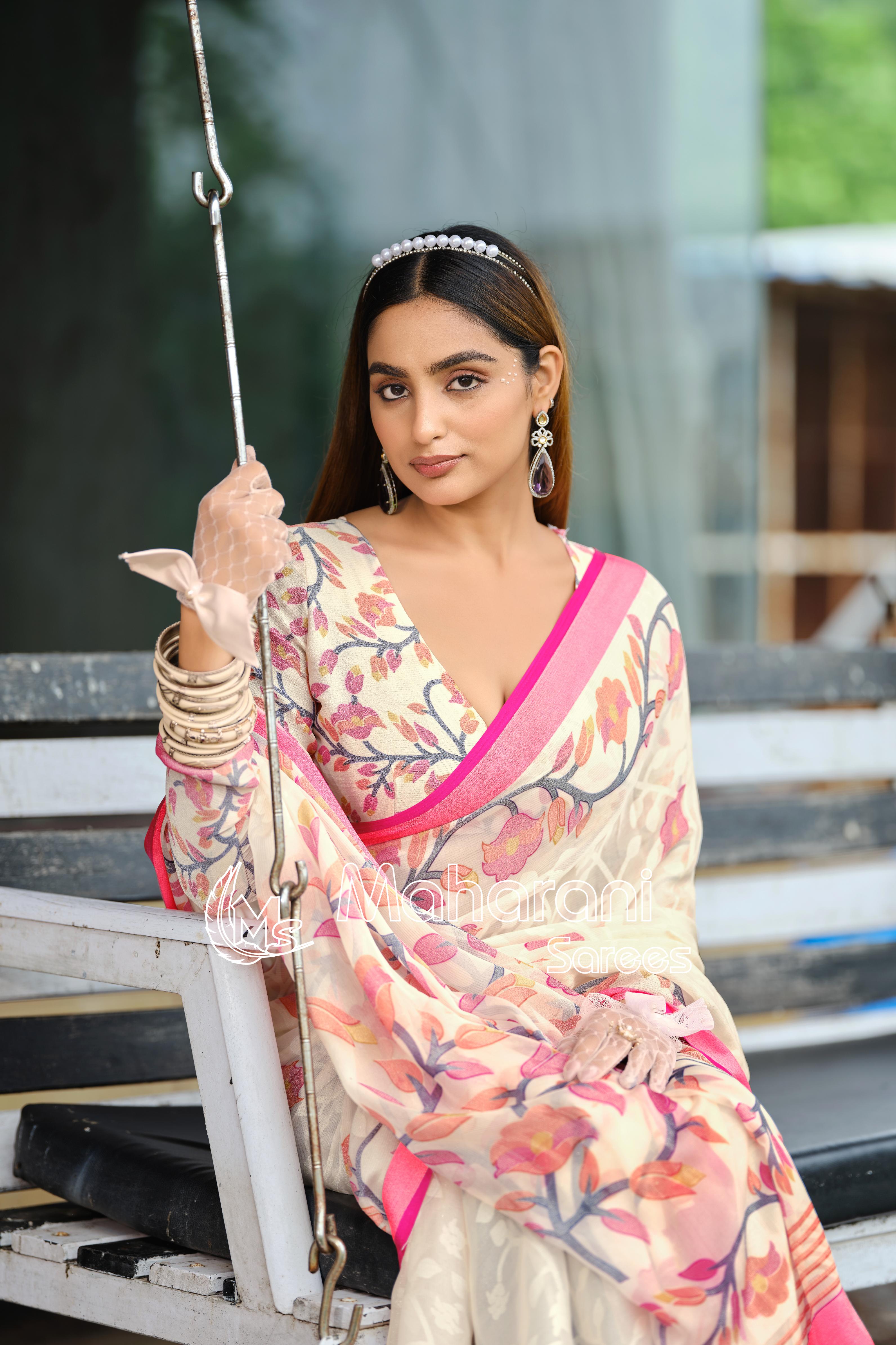 Pink And Creamy Jamdani Soft Silk Saree