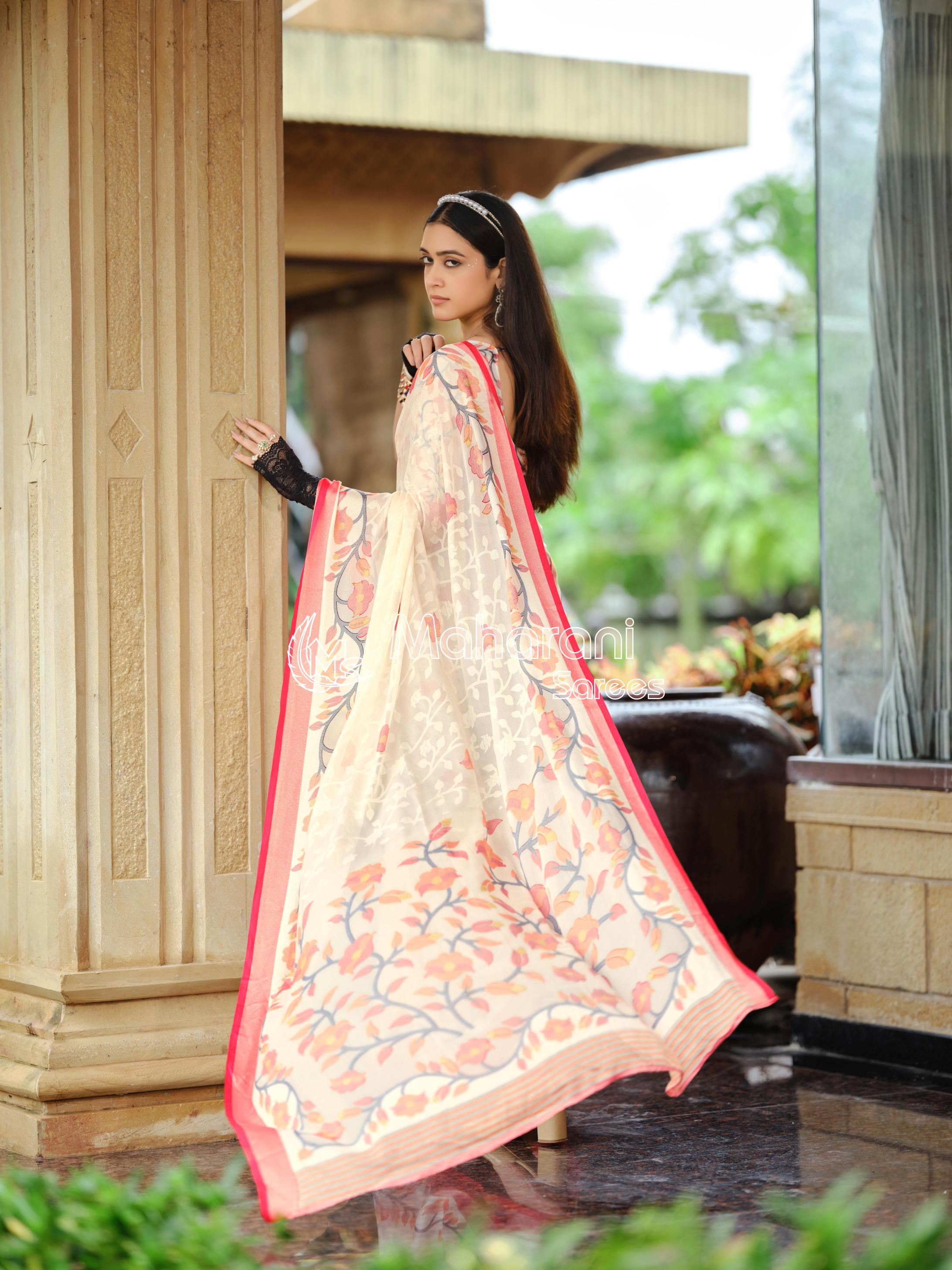 Red And Creamy Jamdani Soft Silk Saree