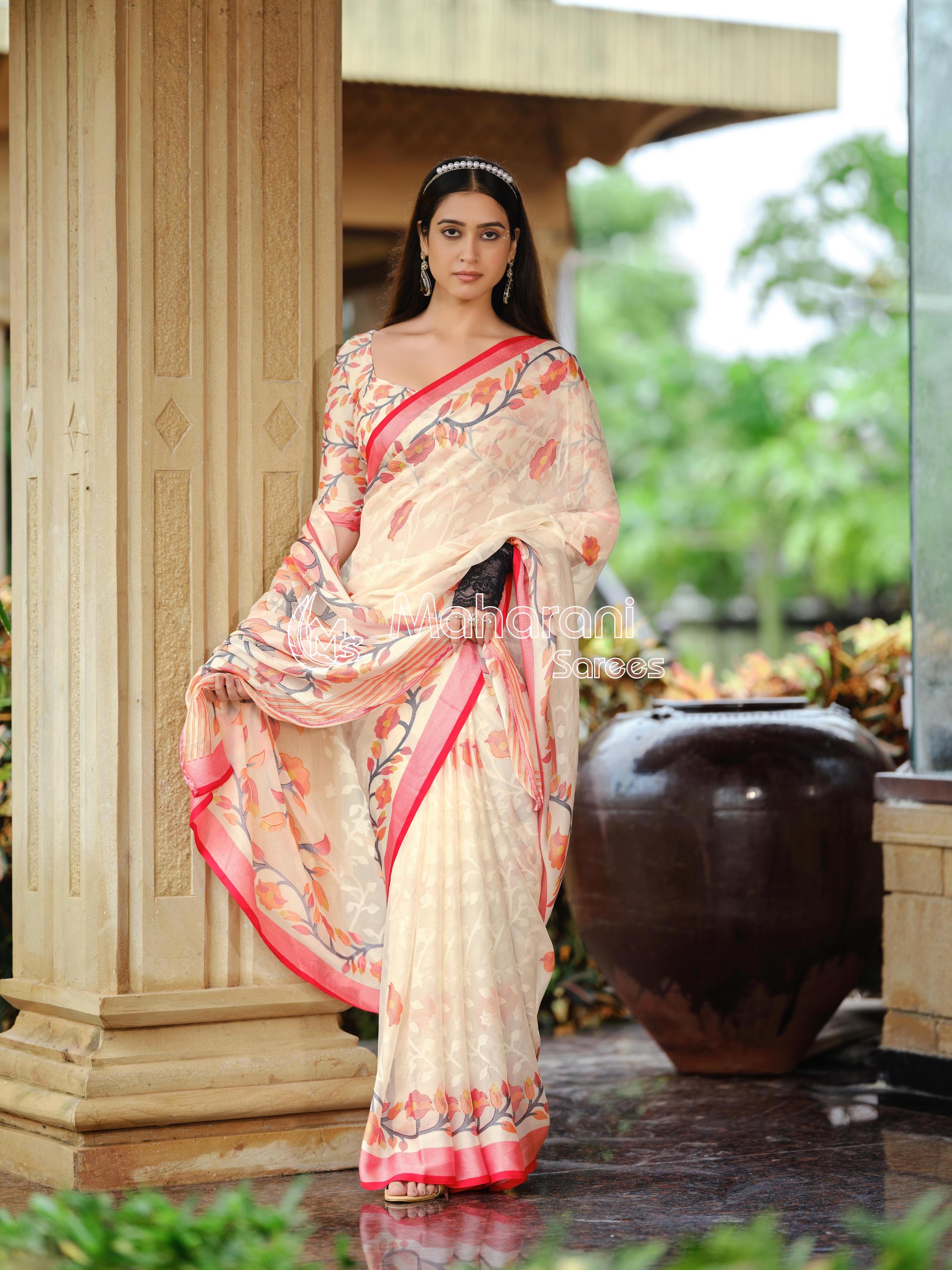 Red And Creamy Jamdani Soft Silk Saree