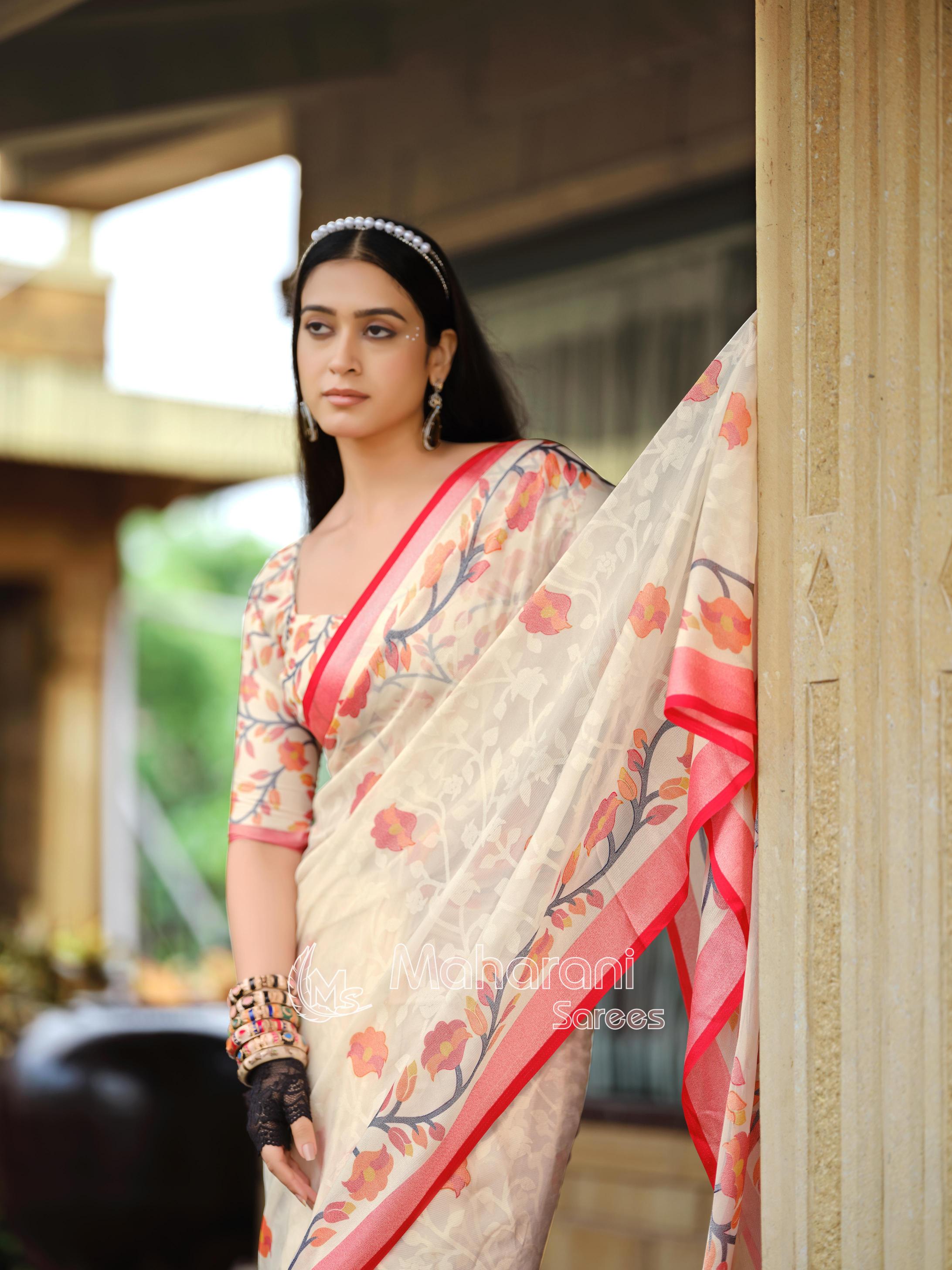 Red And Creamy Jamdani Soft Silk Saree