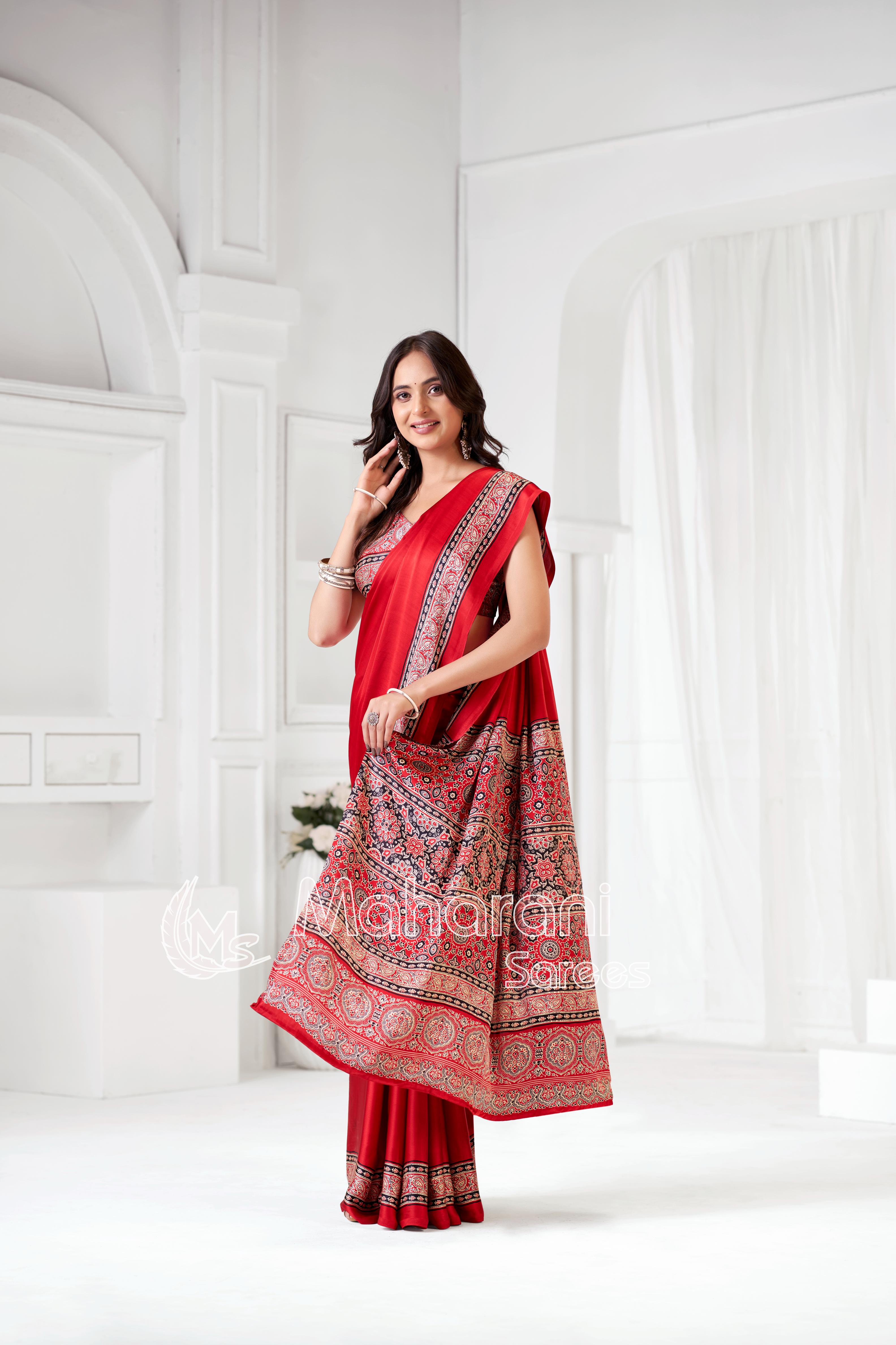 Red Ajrakh Hand-Printed Modal Silk Saree With Blouse