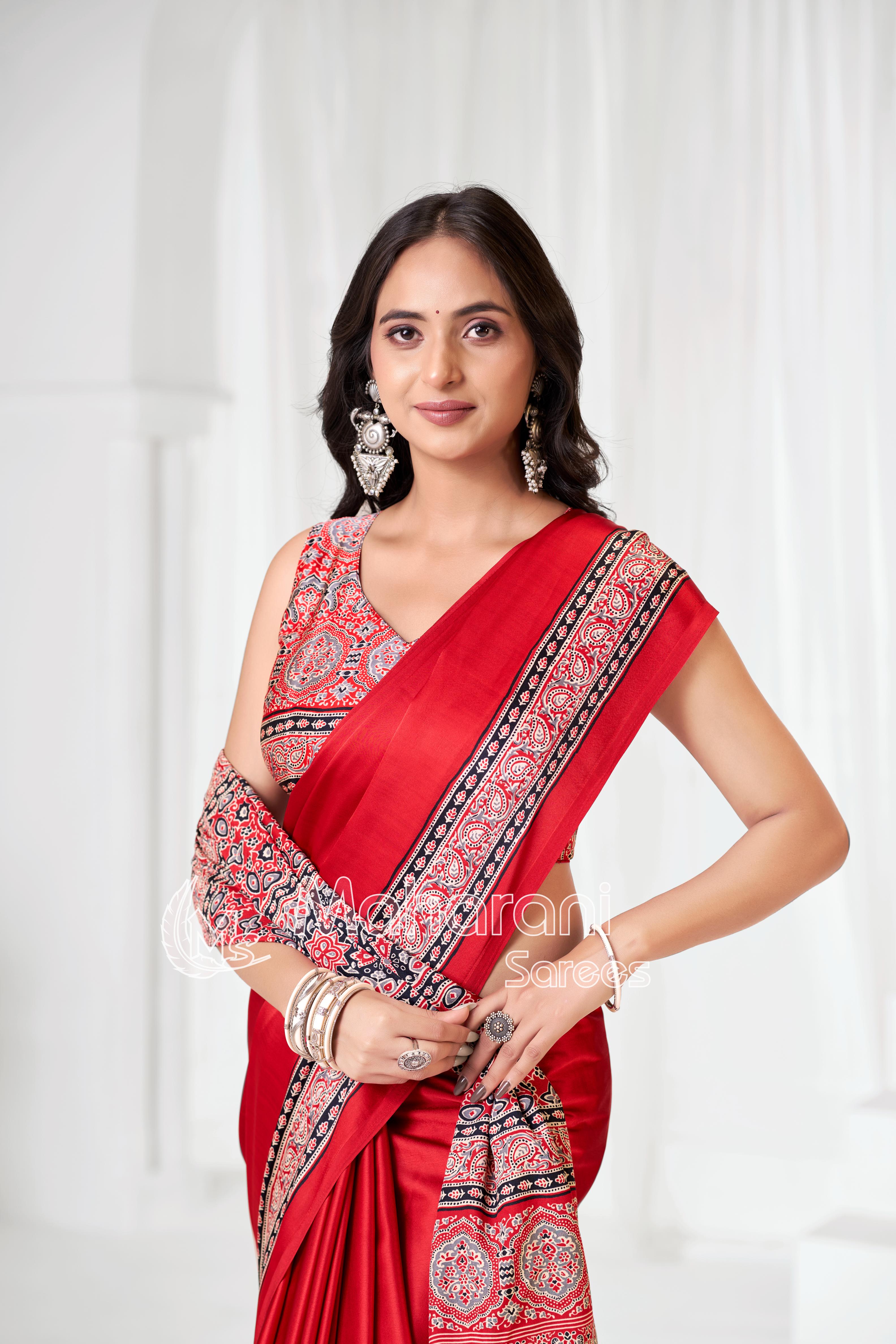 Red Ajrakh Hand-Printed Modal Silk Saree With Blouse