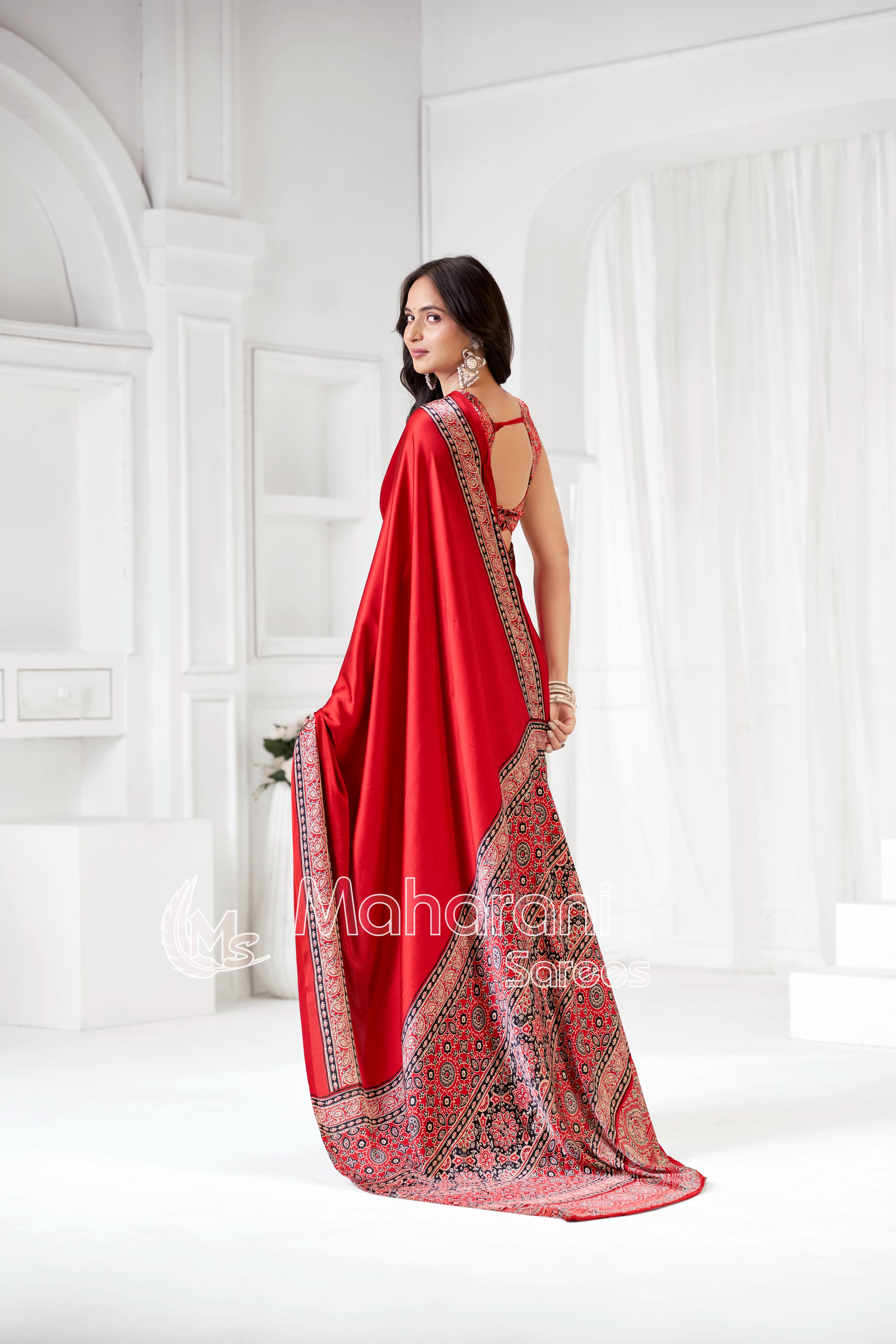 Red Ajrakh Hand-Printed Modal Silk Saree With Blouse