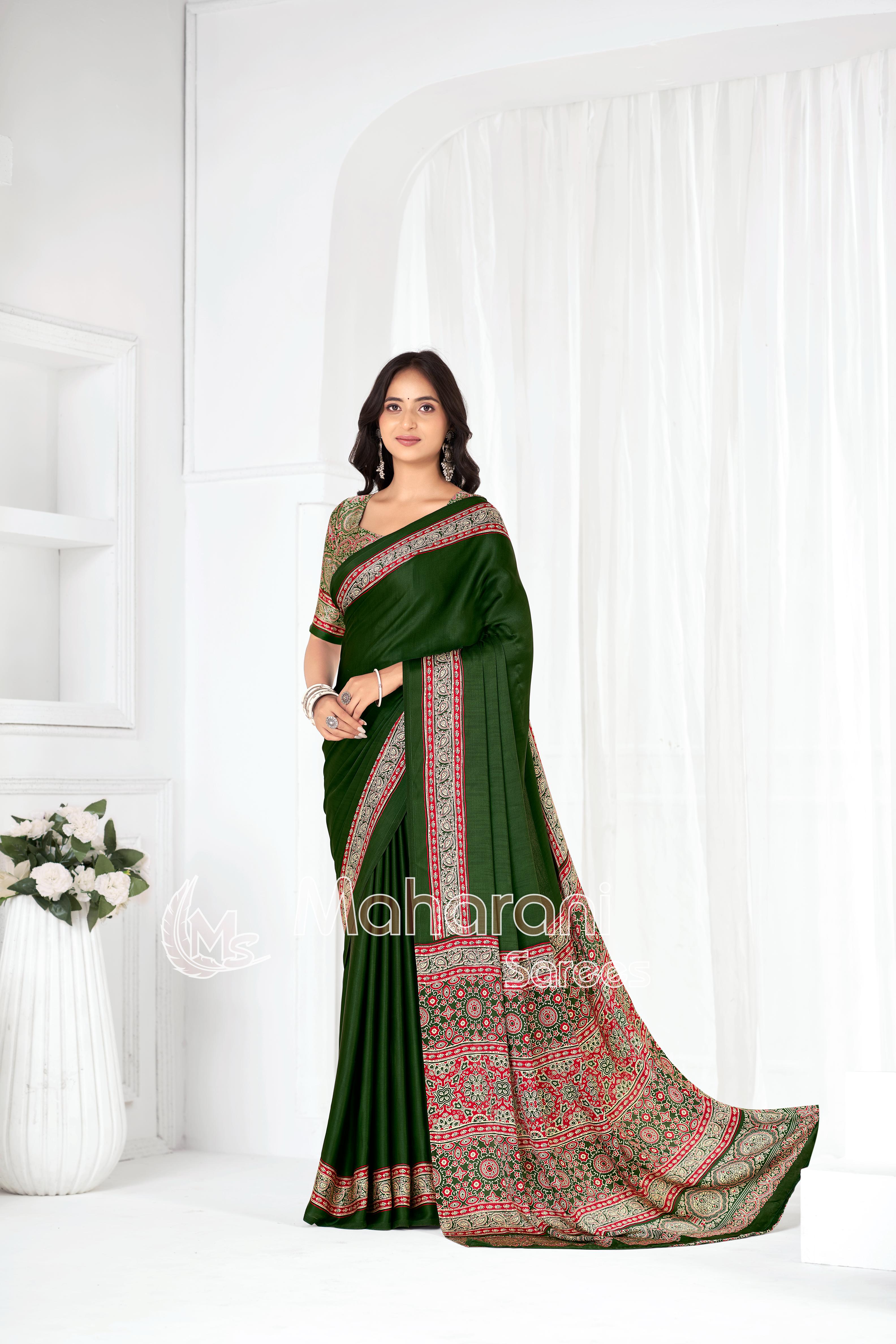 Mahendi Ajrakh Hand-Printed Modal Silk Saree With Blouse