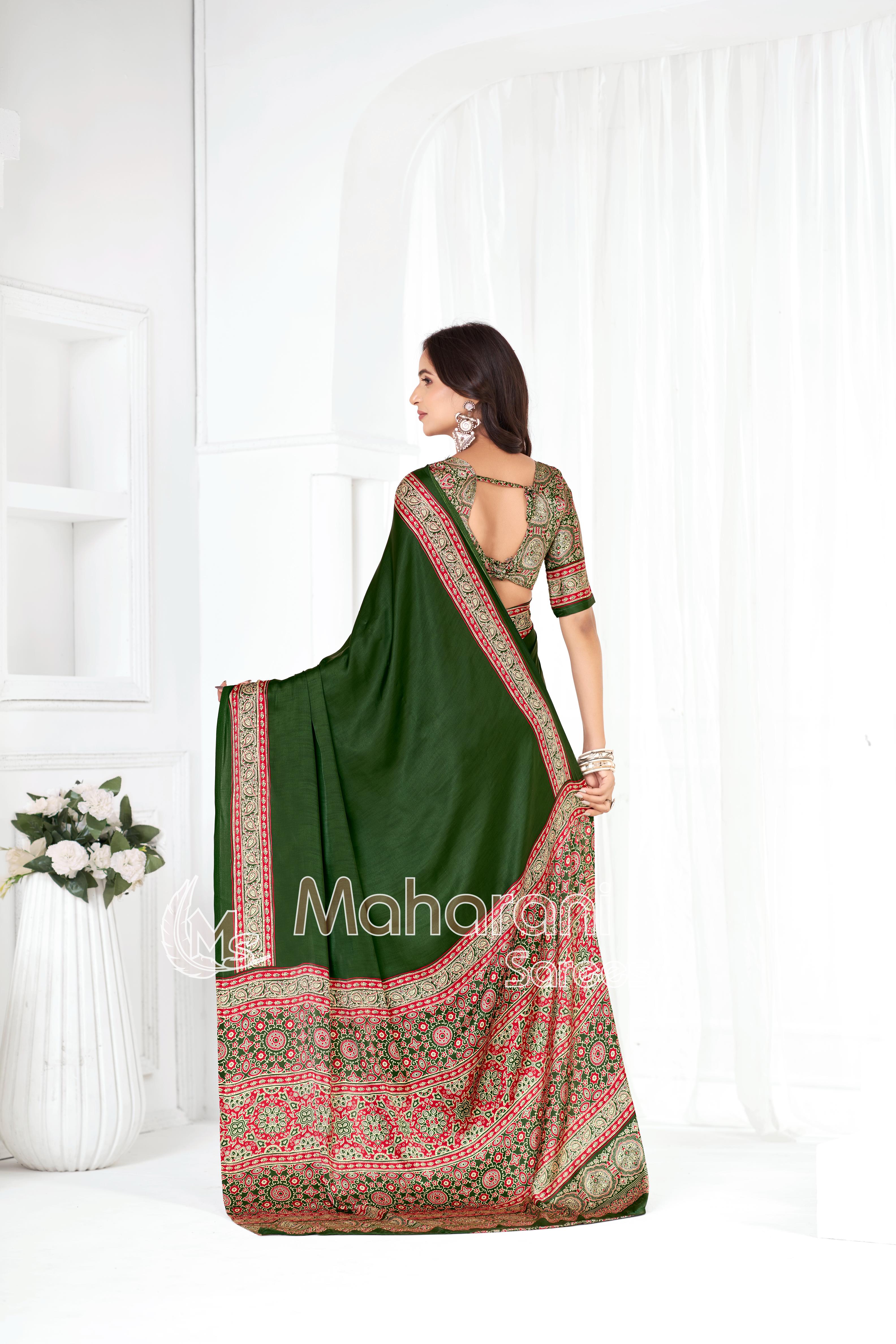 Mahendi Ajrakh Hand-Printed Modal Silk Saree With Blouse