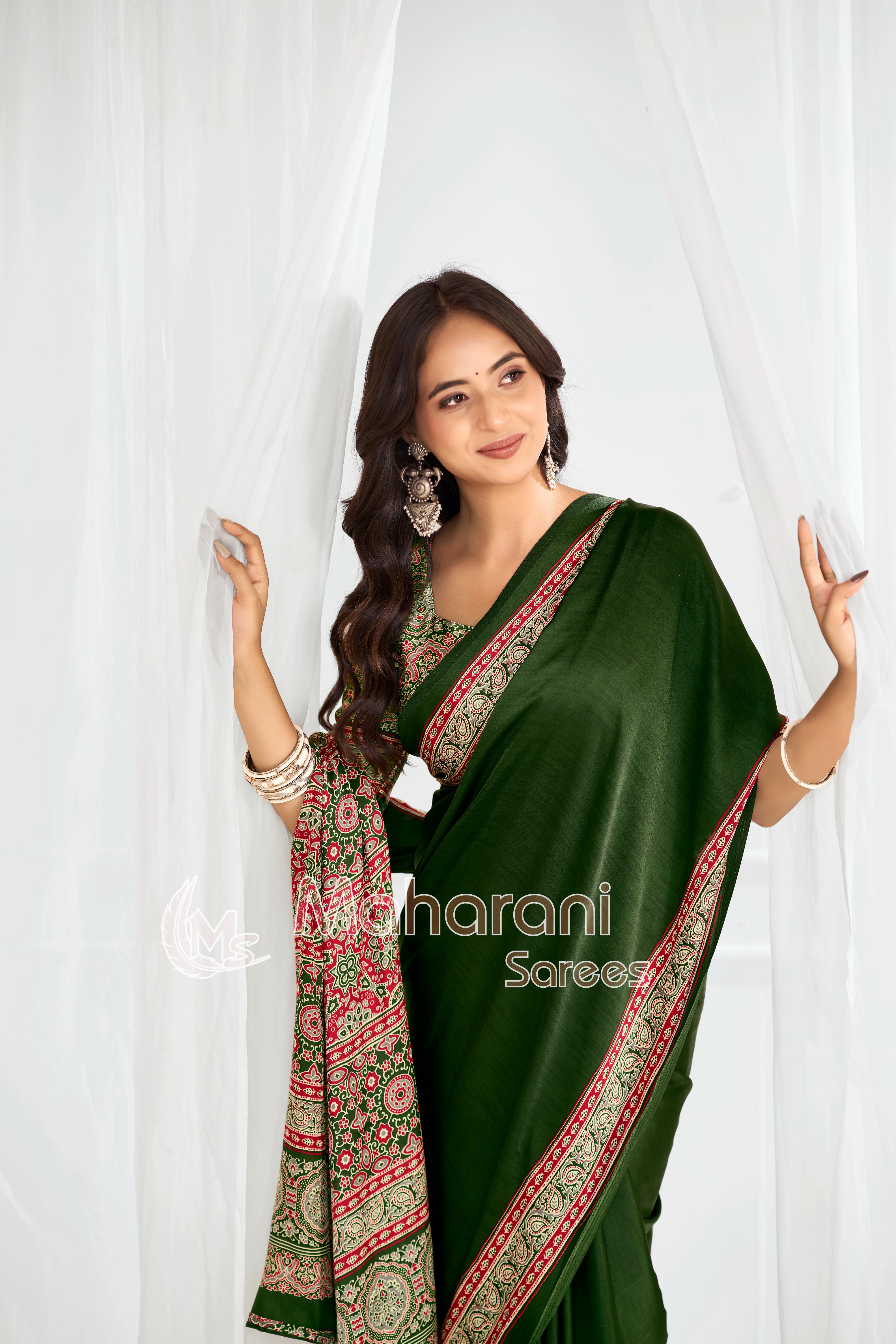 Mahendi Ajrakh Hand-Printed Modal Silk Saree With Blouse