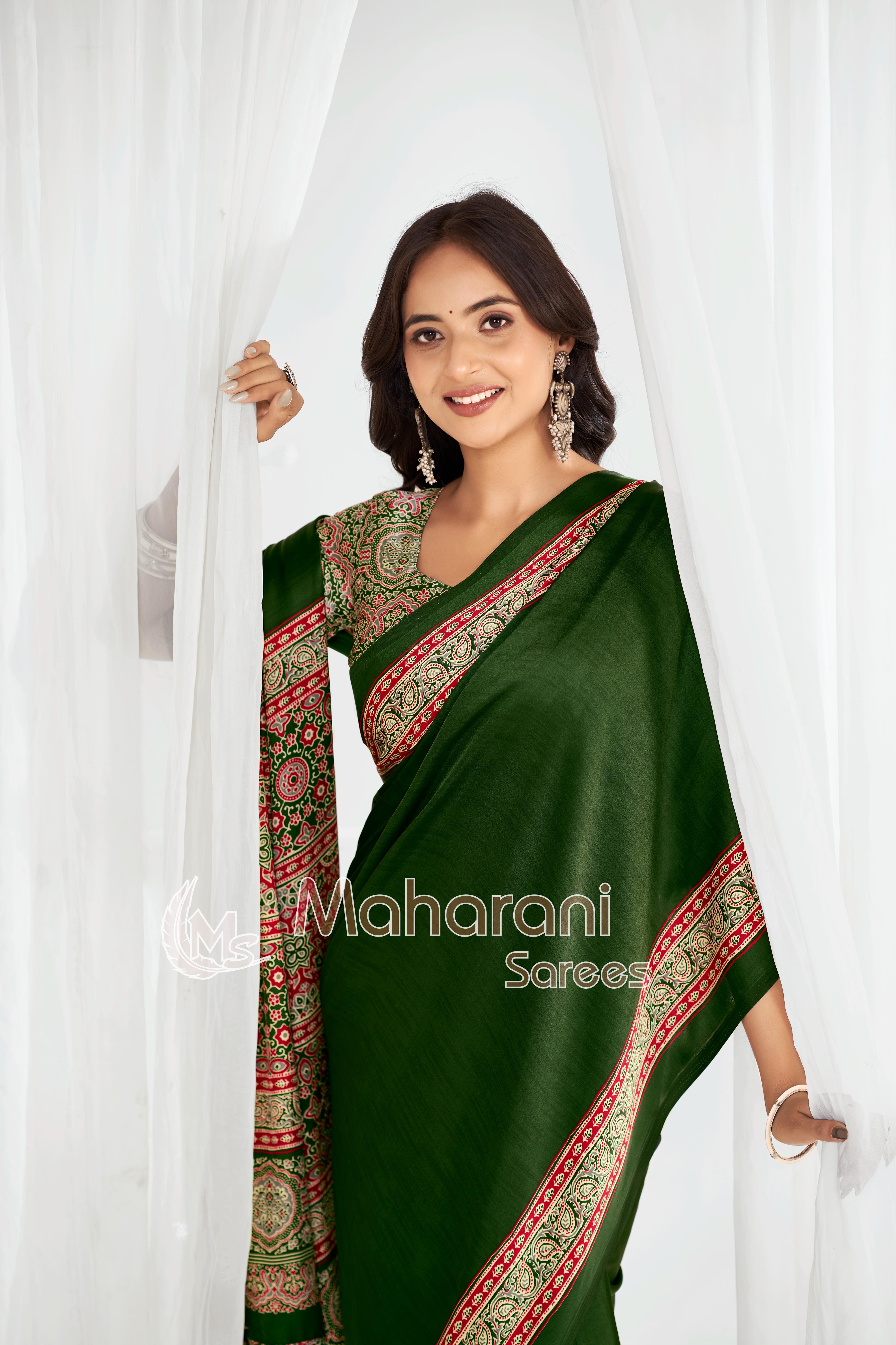 Mahendi Ajrakh Hand-Printed Modal Silk Saree With Blouse