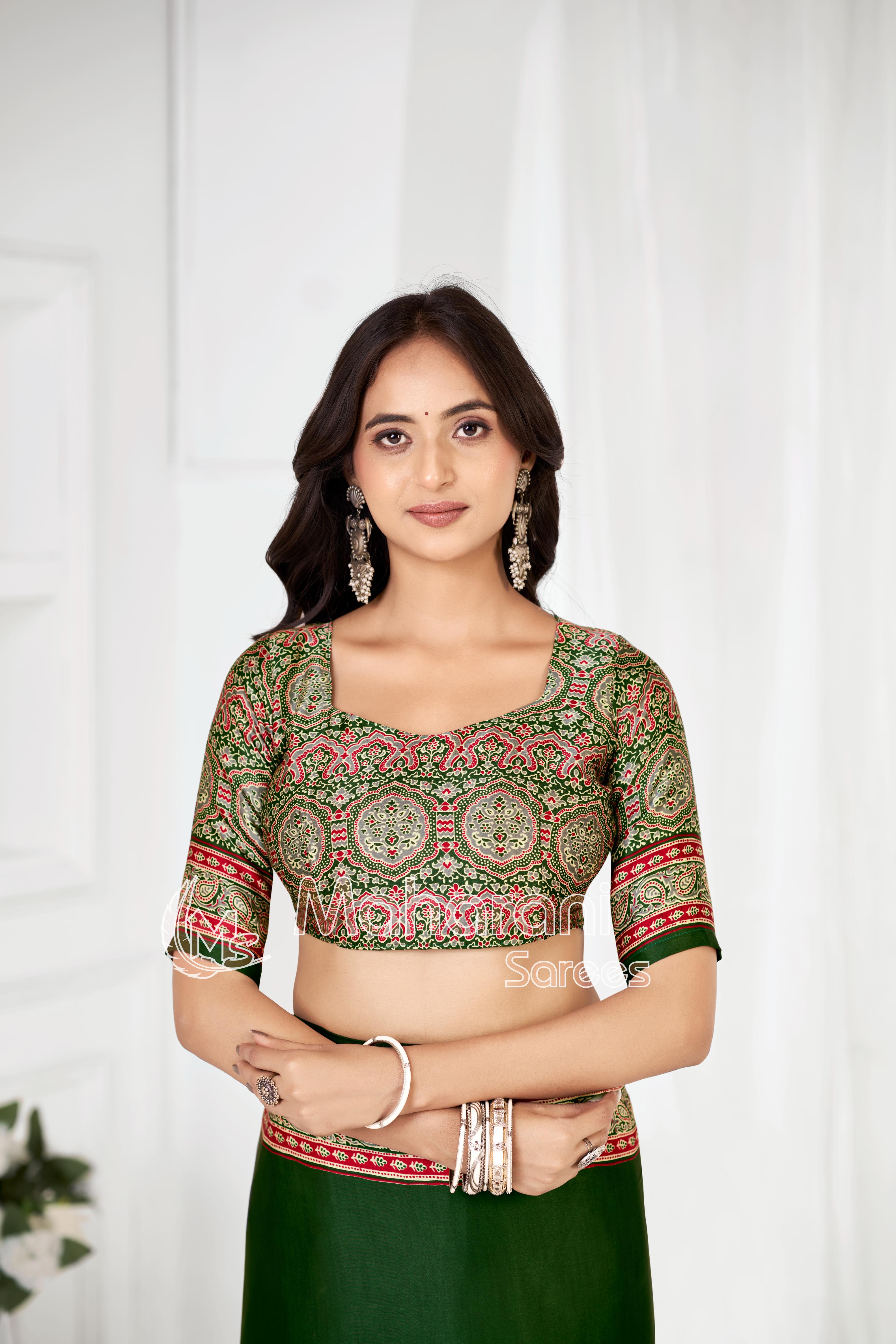 Mahendi Ajrakh Hand-Printed Modal Silk Saree With Blouse