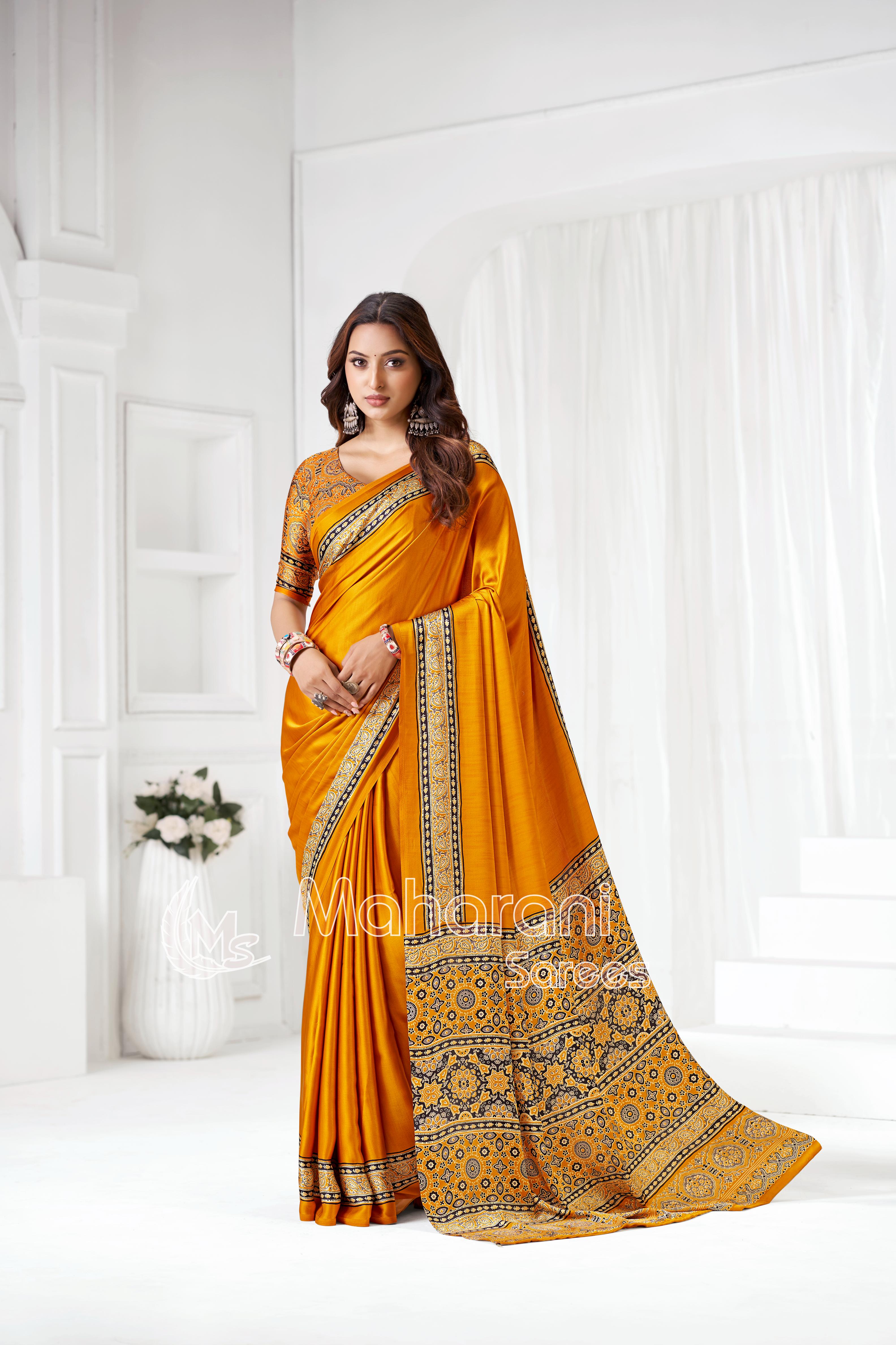 Yellow Ajrakh Hand-Printed Modal Silk Saree With Blouse