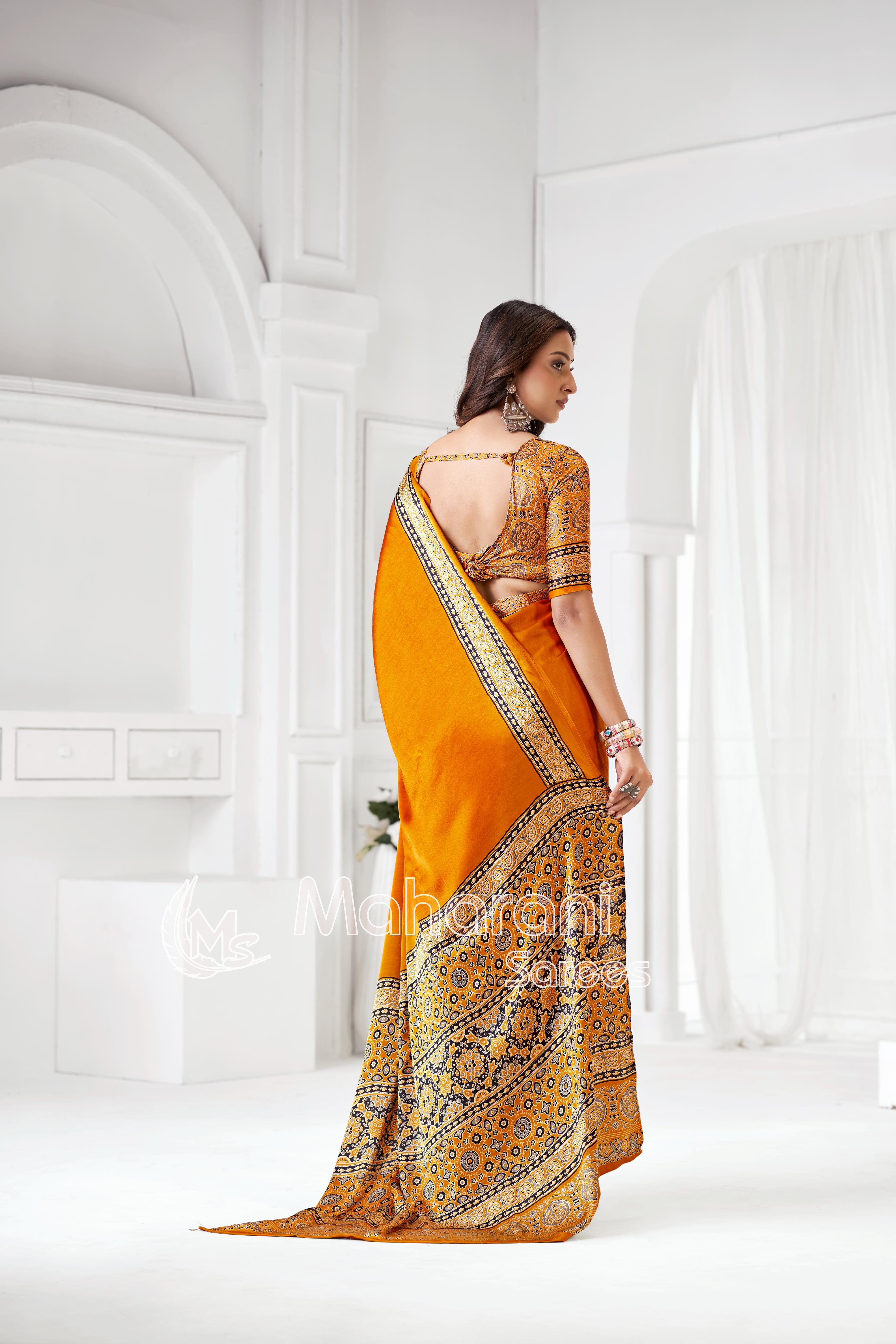 Yellow Ajrakh Hand-Printed Modal Silk Saree With Blouse
