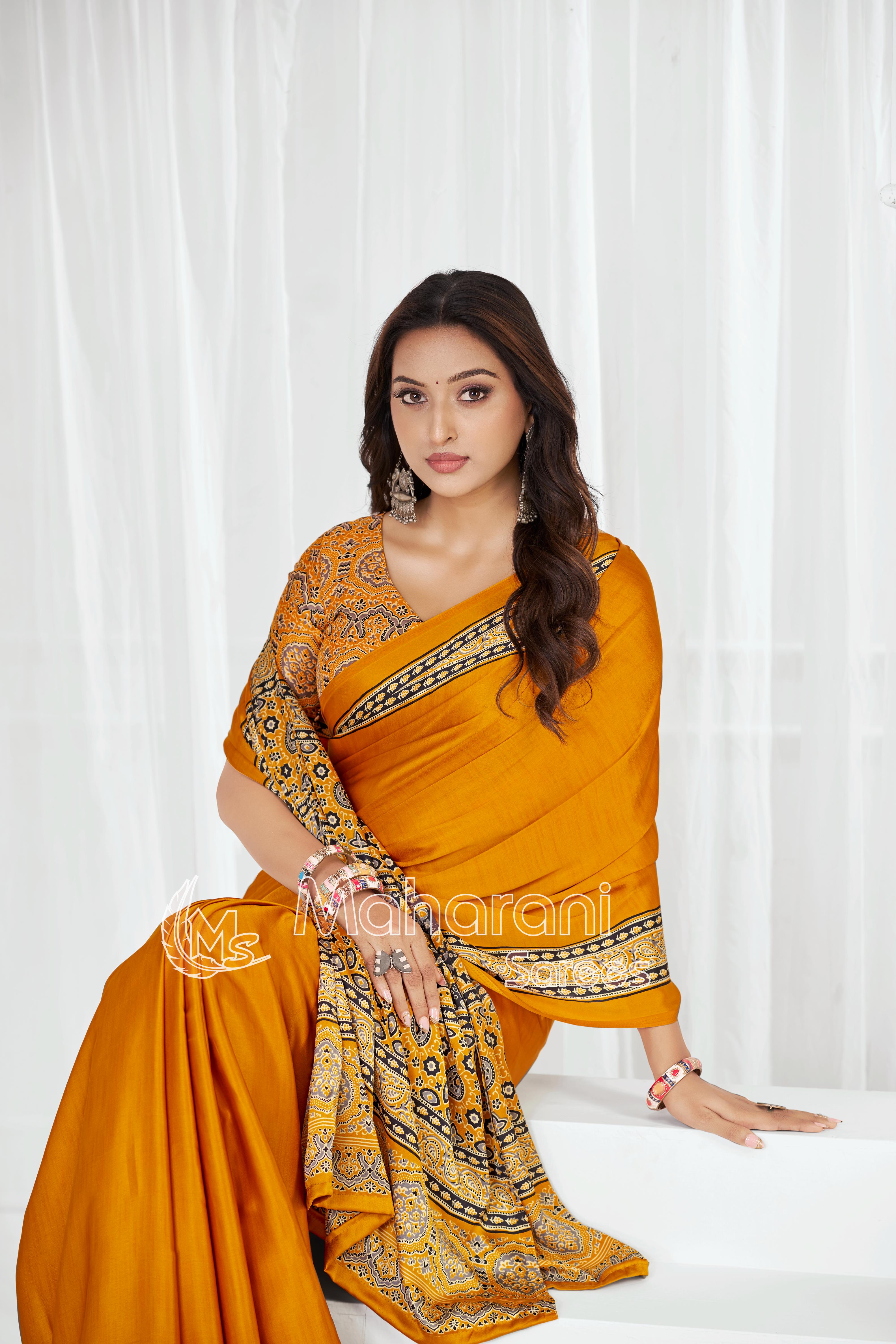Yellow Ajrakh Hand-Printed Modal Silk Saree With Blouse