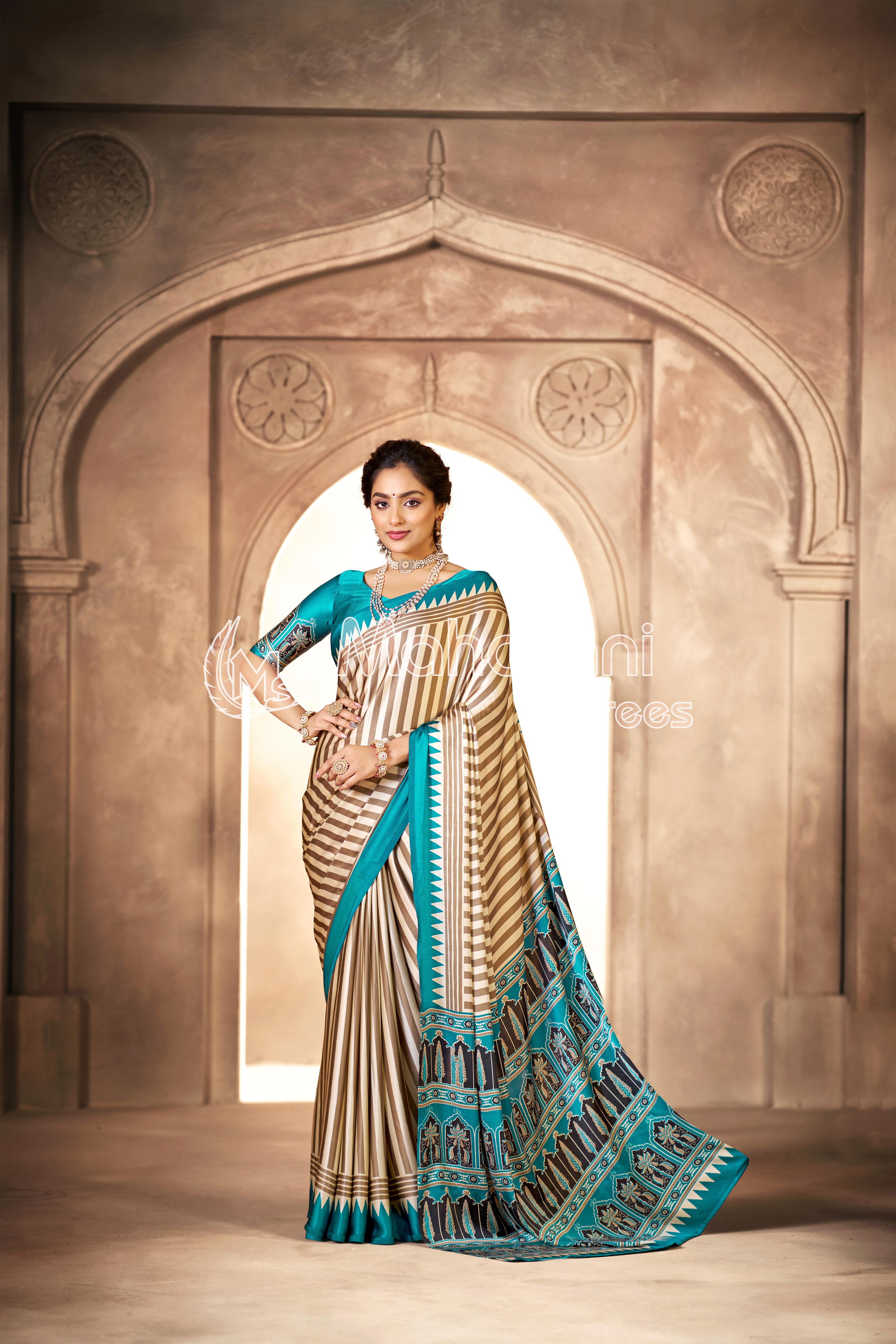Cream With Rama Border Ajrakh Hand-Printed Modal Silk Saree