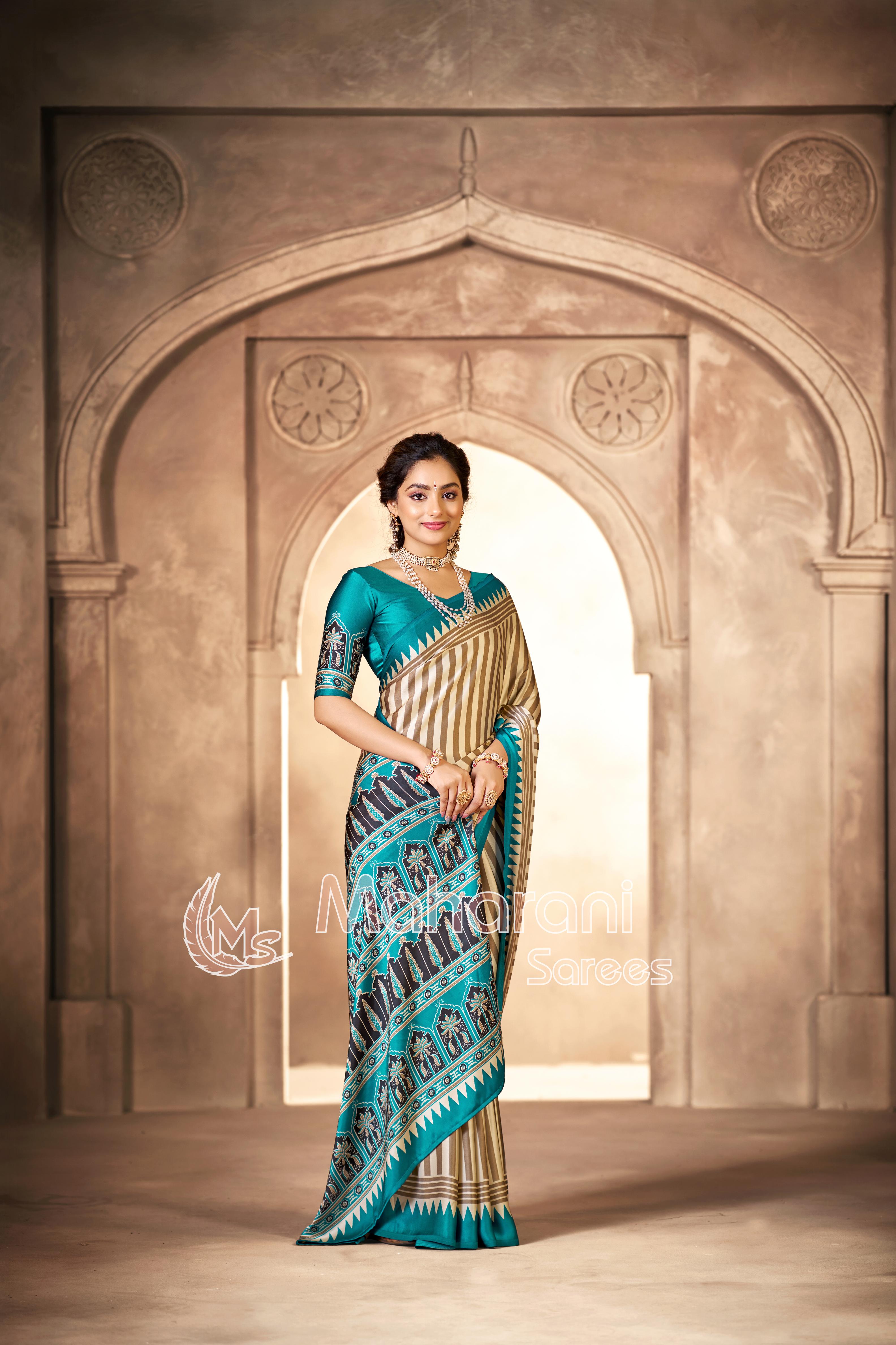 Cream With Rama Border Ajrakh Hand-Printed Modal Silk Saree
