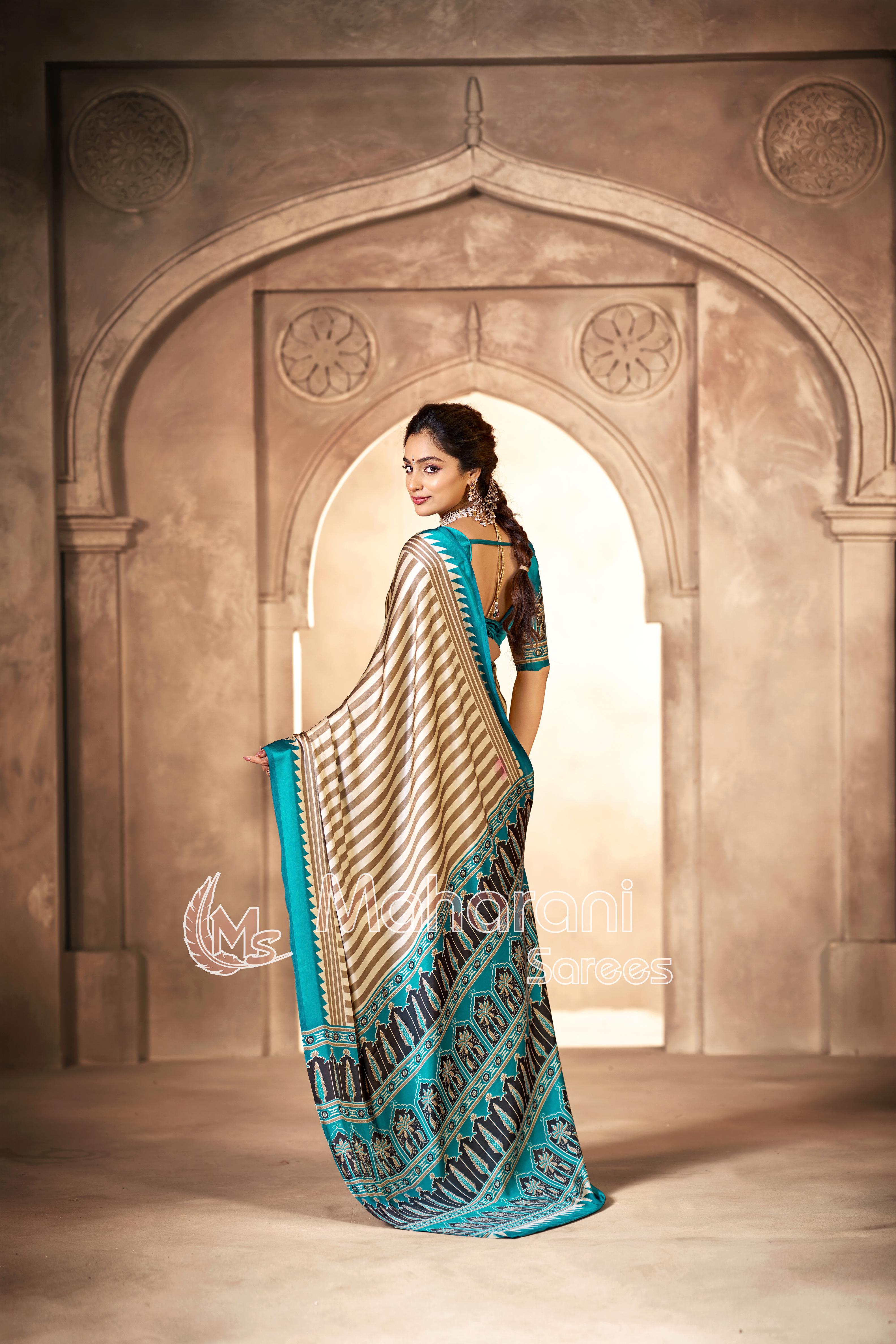 Cream With Rama Border Ajrakh Hand-Printed Modal Silk Saree