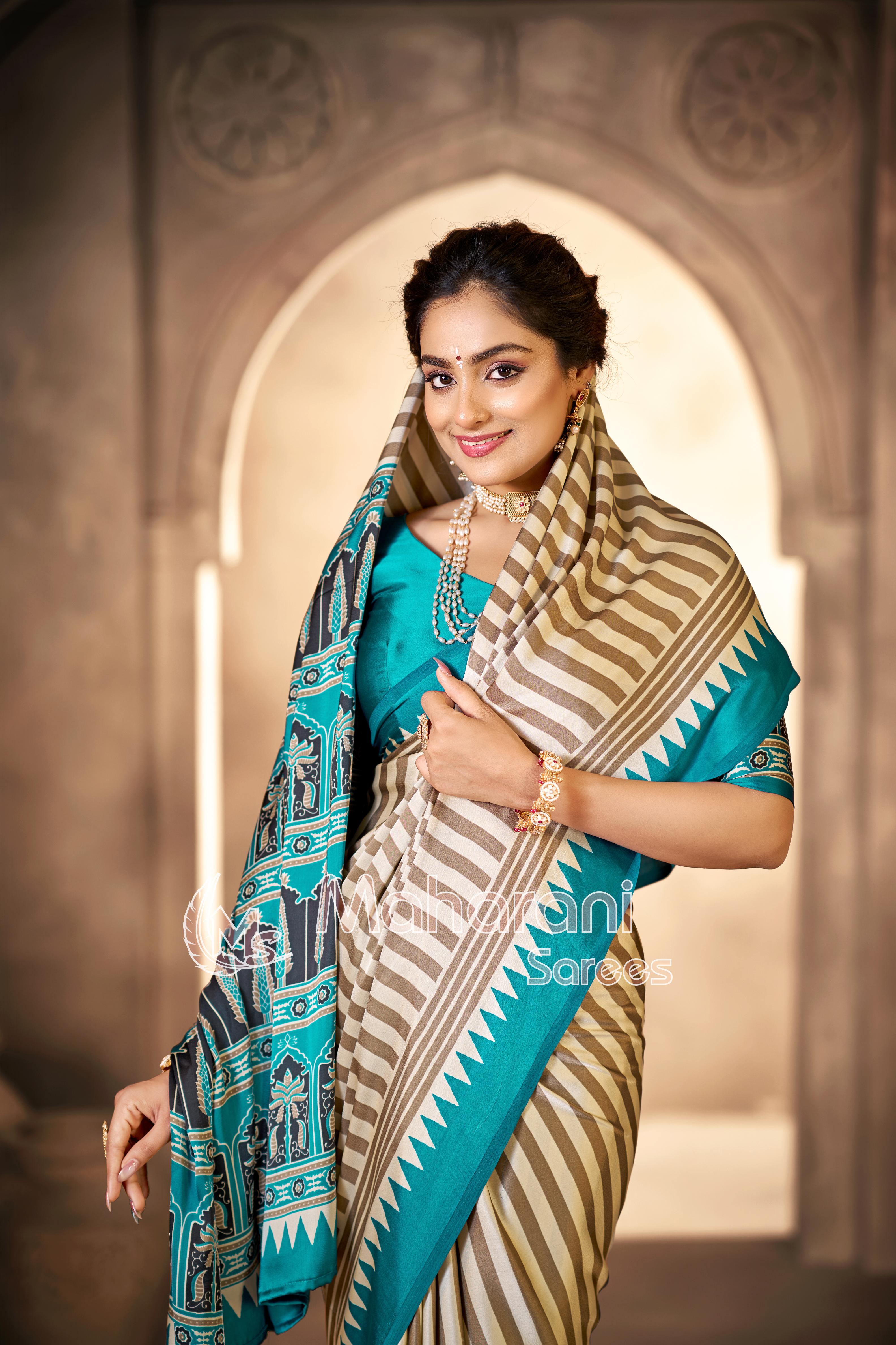 Cream With Rama Border Ajrakh Hand-Printed Modal Silk Saree