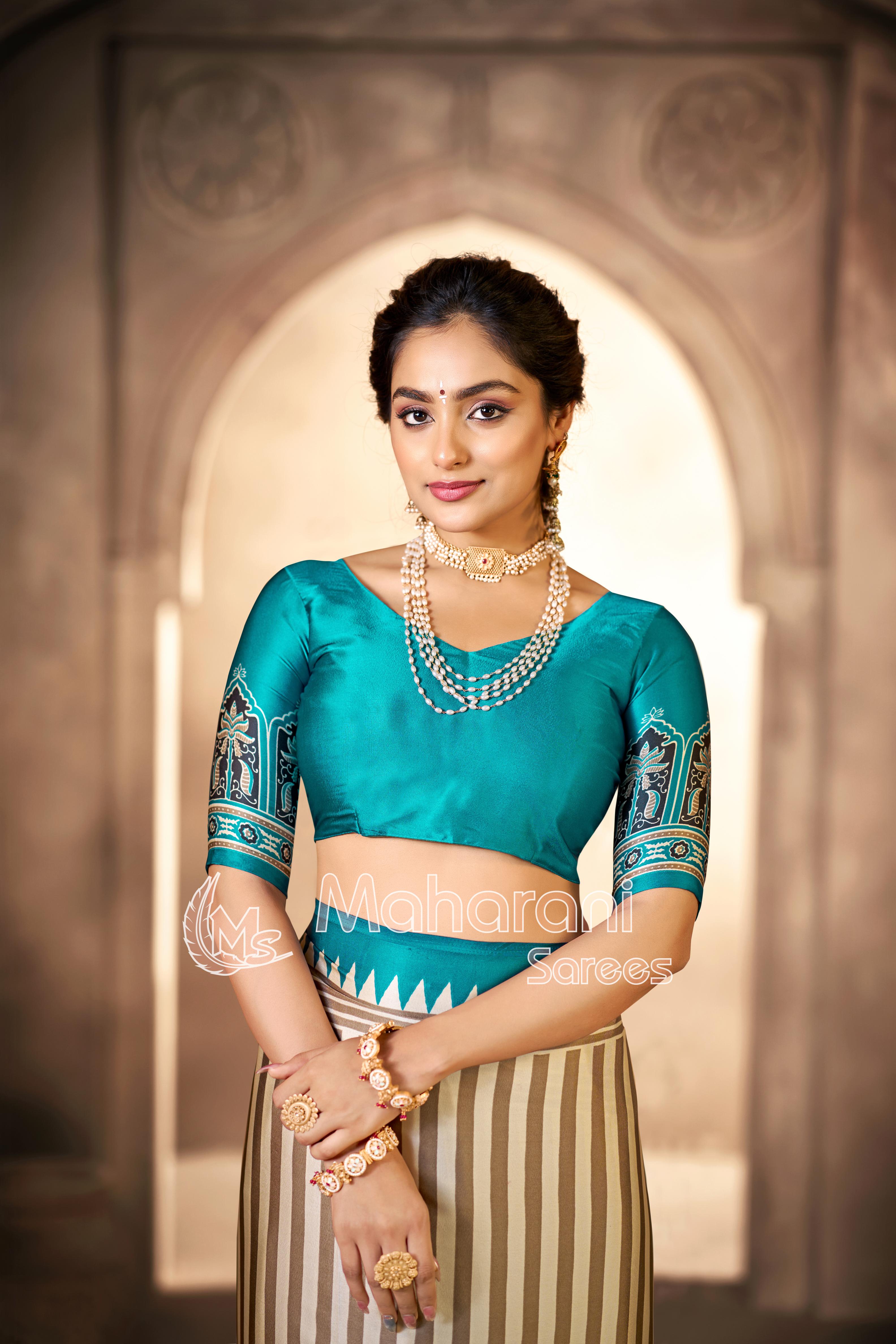 Cream With Rama Border Ajrakh Hand-Printed Modal Silk Saree