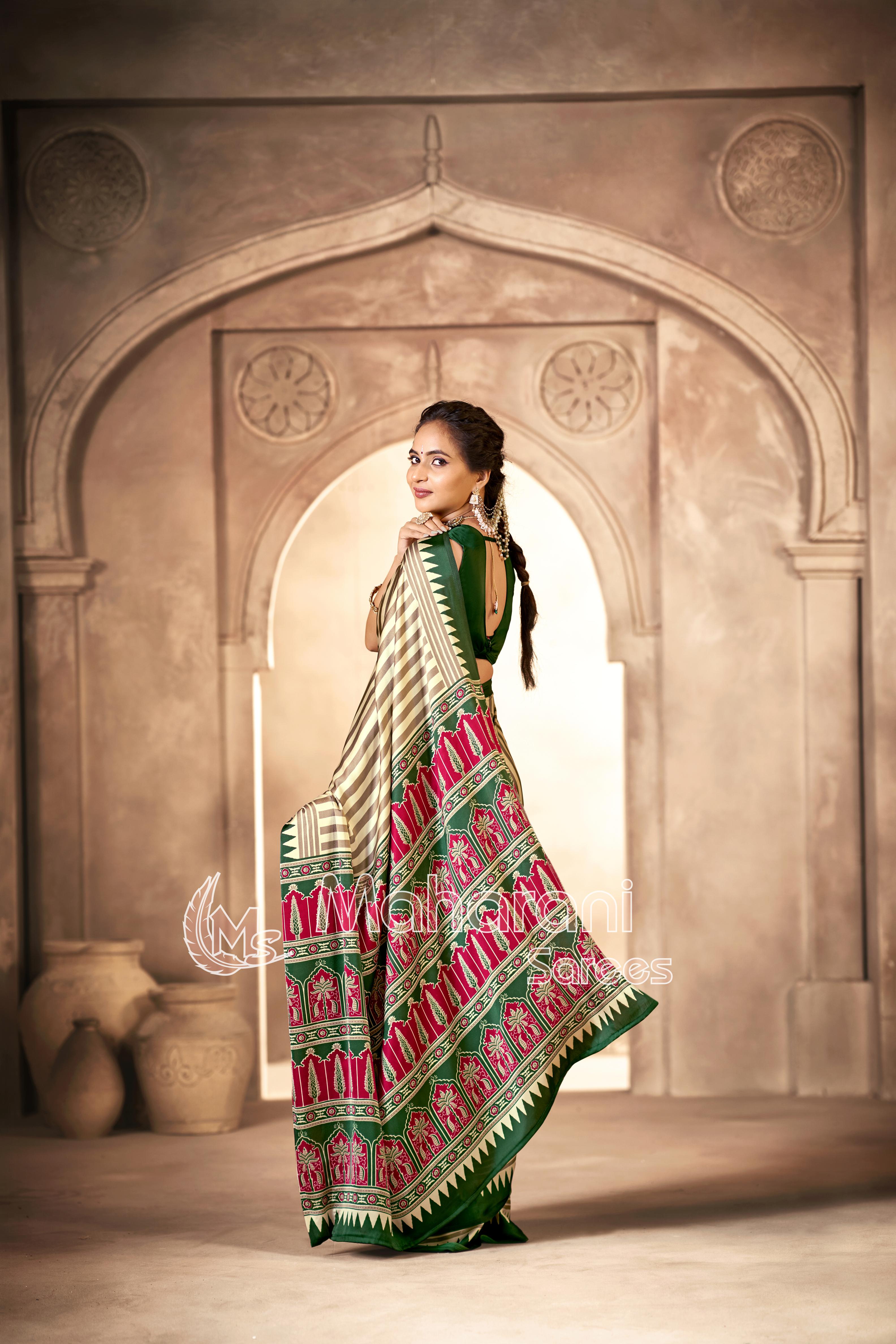 Cream With Green Border Ajrakh Hand-Printed Modal Silk Saree