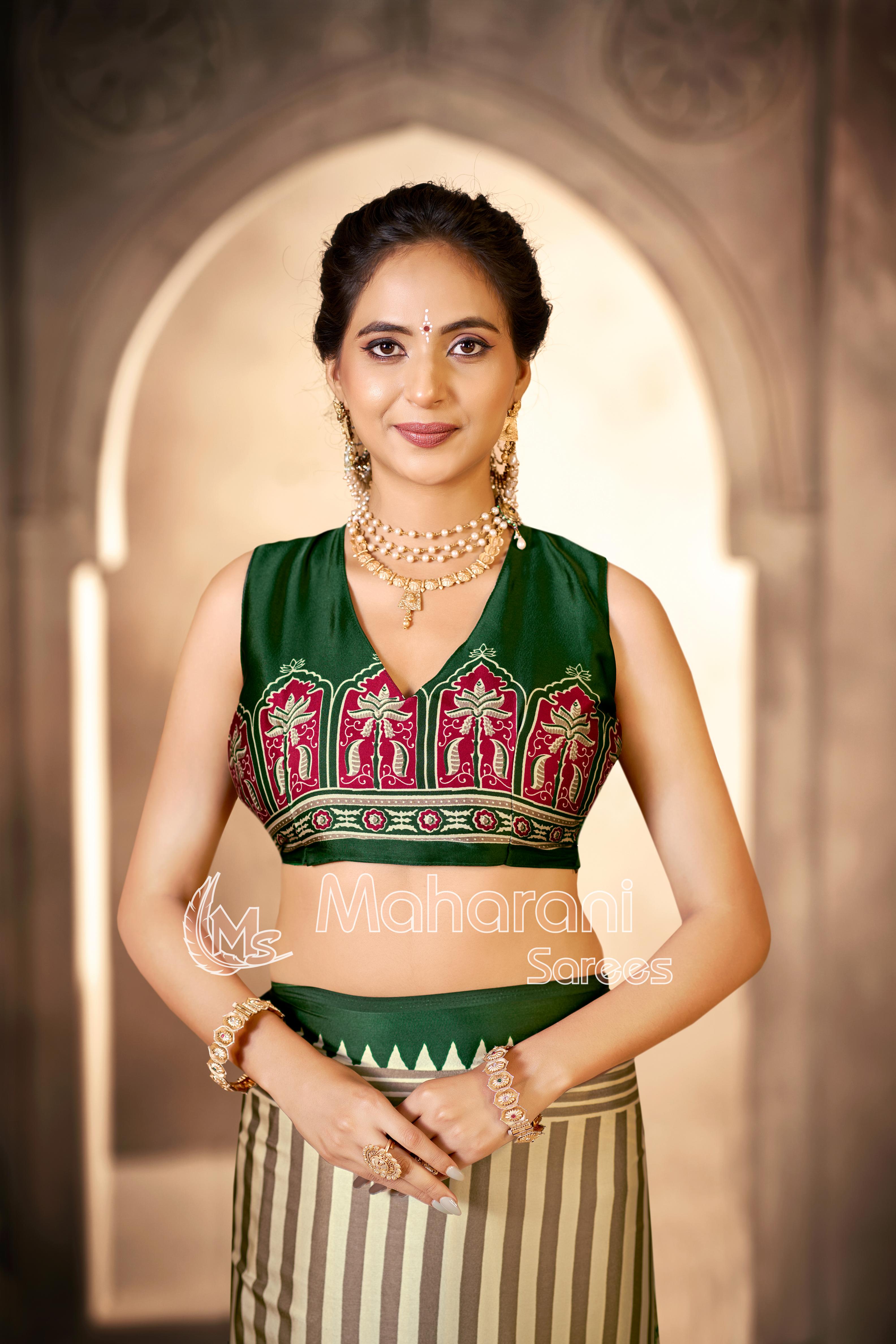 Cream With Green Border Ajrakh Hand-Printed Modal Silk Saree