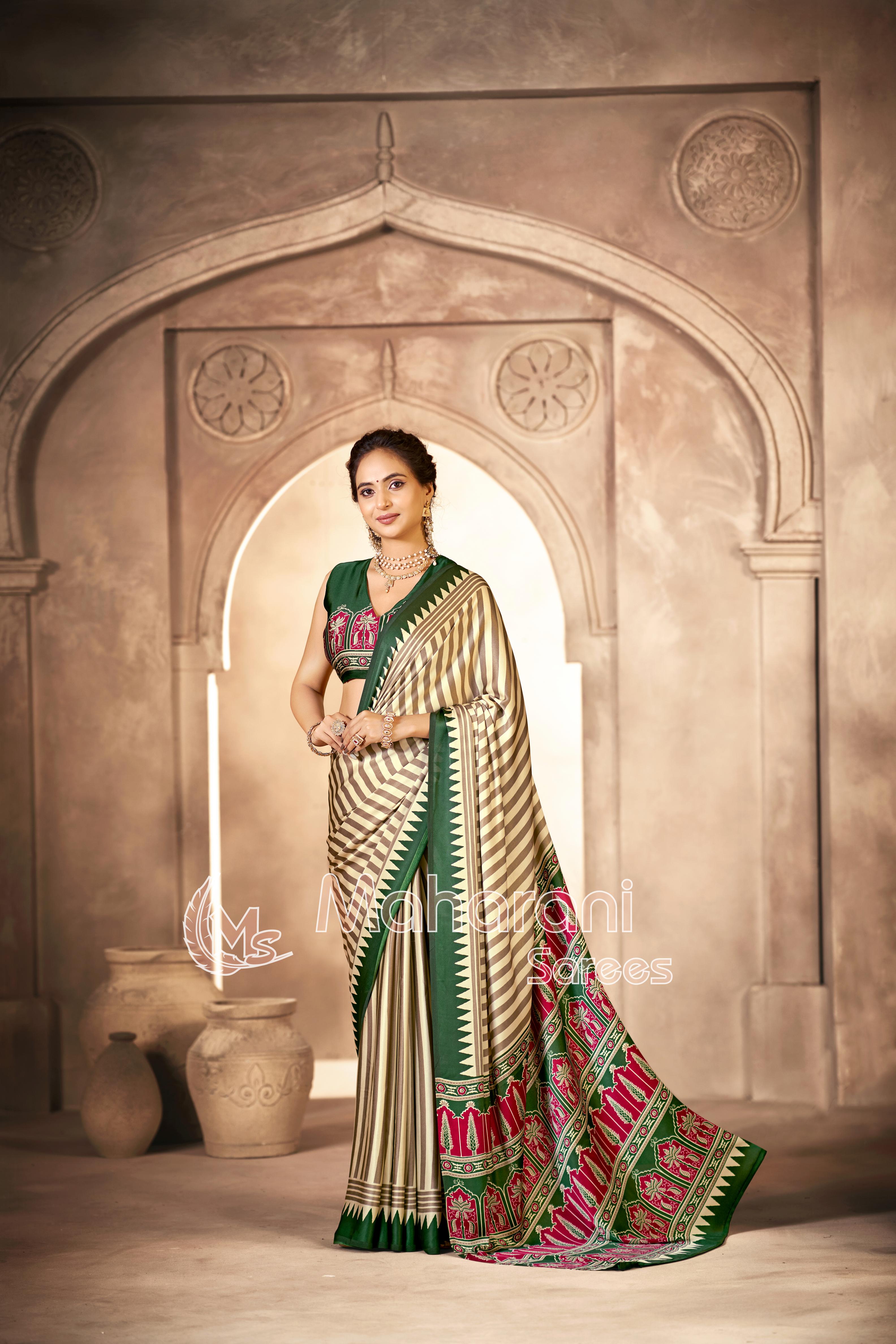 Cream With Green Border Ajrakh Hand-Printed Modal Silk Saree